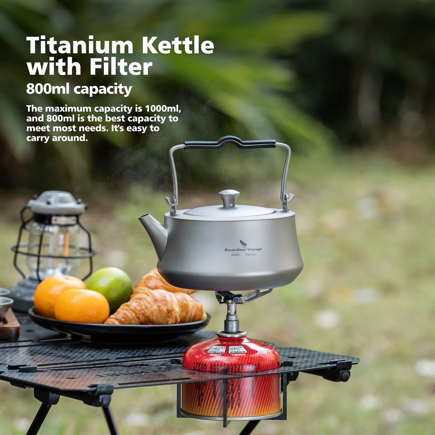 Boundless Voyage 800ml Pure Titanium Kettle with Filter & Foldable Handle, Ultralight Camping Teapot Ti3093D