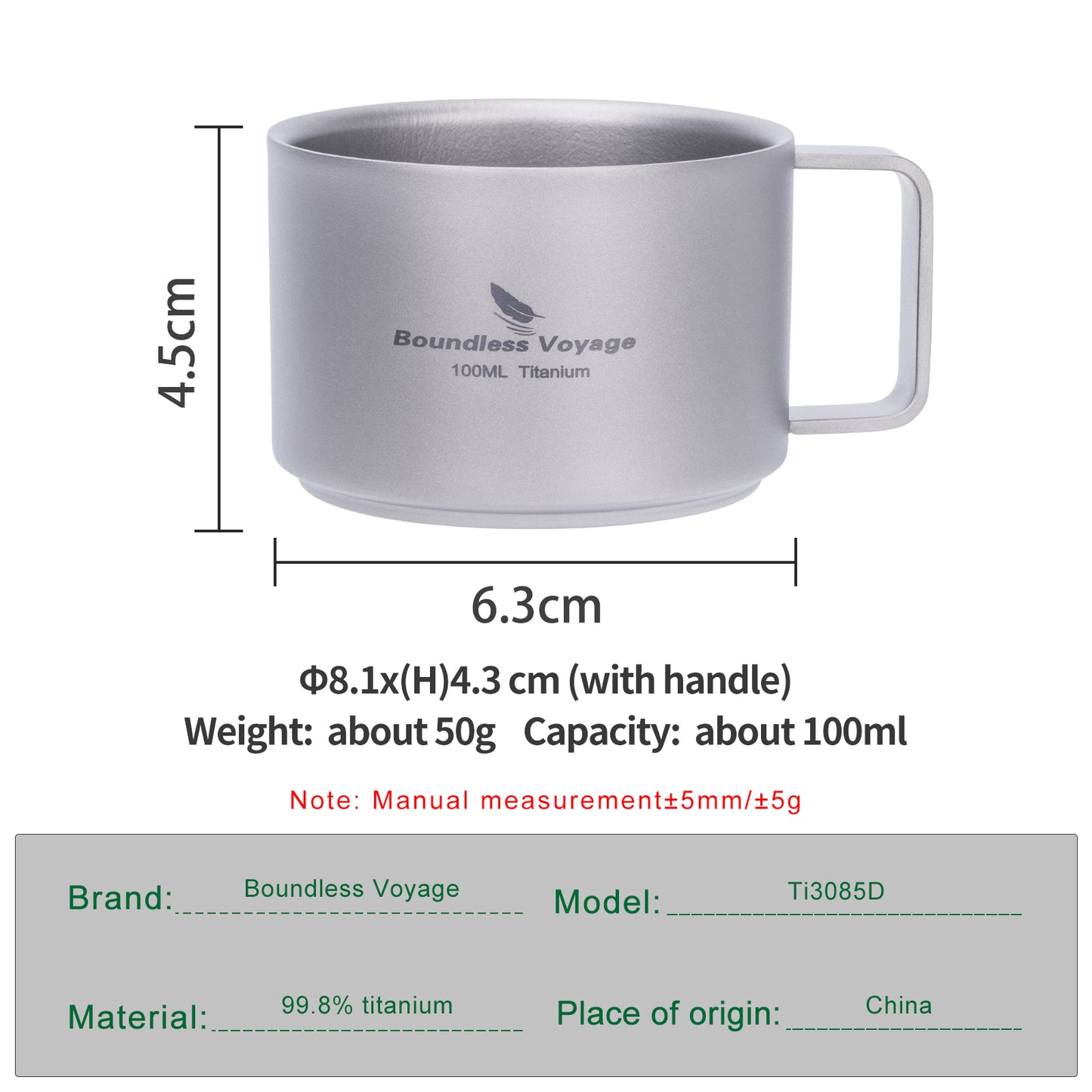 Boundless Voyage 100ml Double Wall Pure Titanium Mini Coffee Mug | Ultralight Portable Cup for Camping, Hiking & Picnic Ti3085D