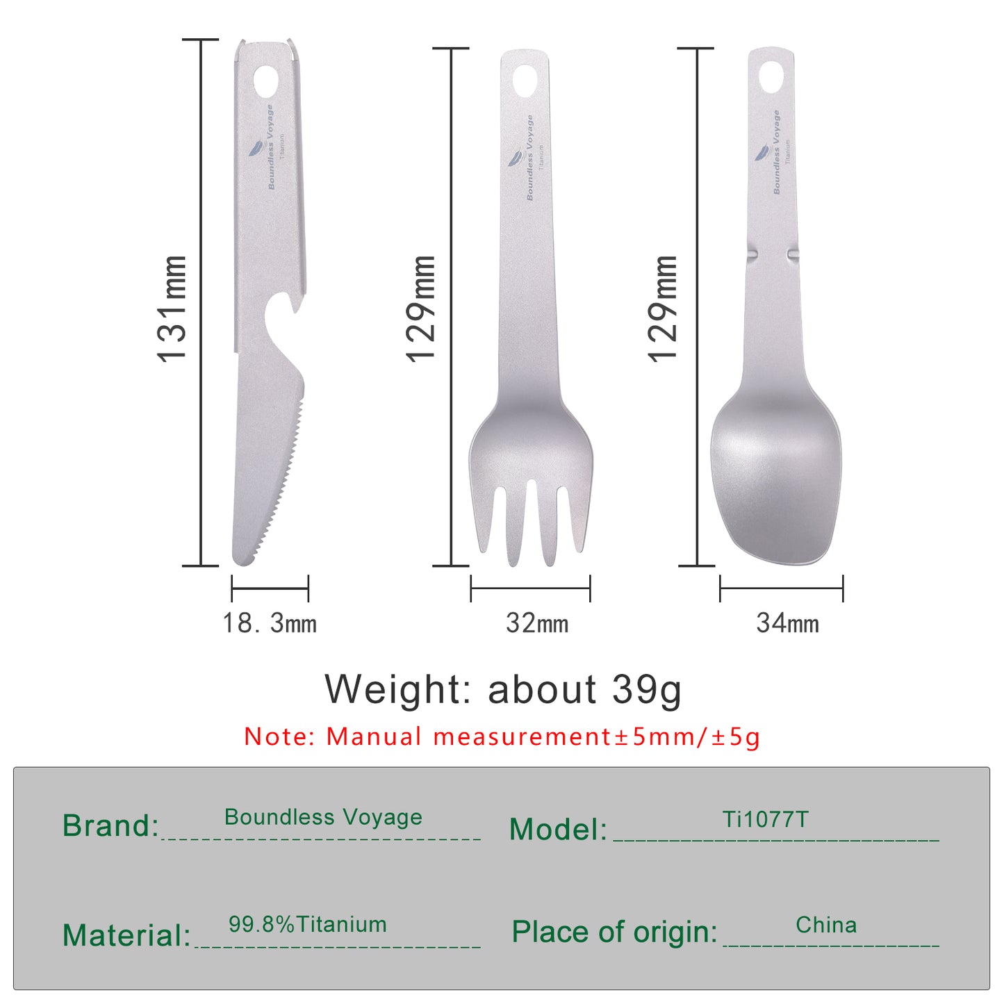 Boundless Voyage Titanium Tableware Set, Lightweight Portable Reusable Flatware with Knife Fork Spoon & Bottle Opener, Utility Cutlery for Outdoor Camping Travel Ti1077T