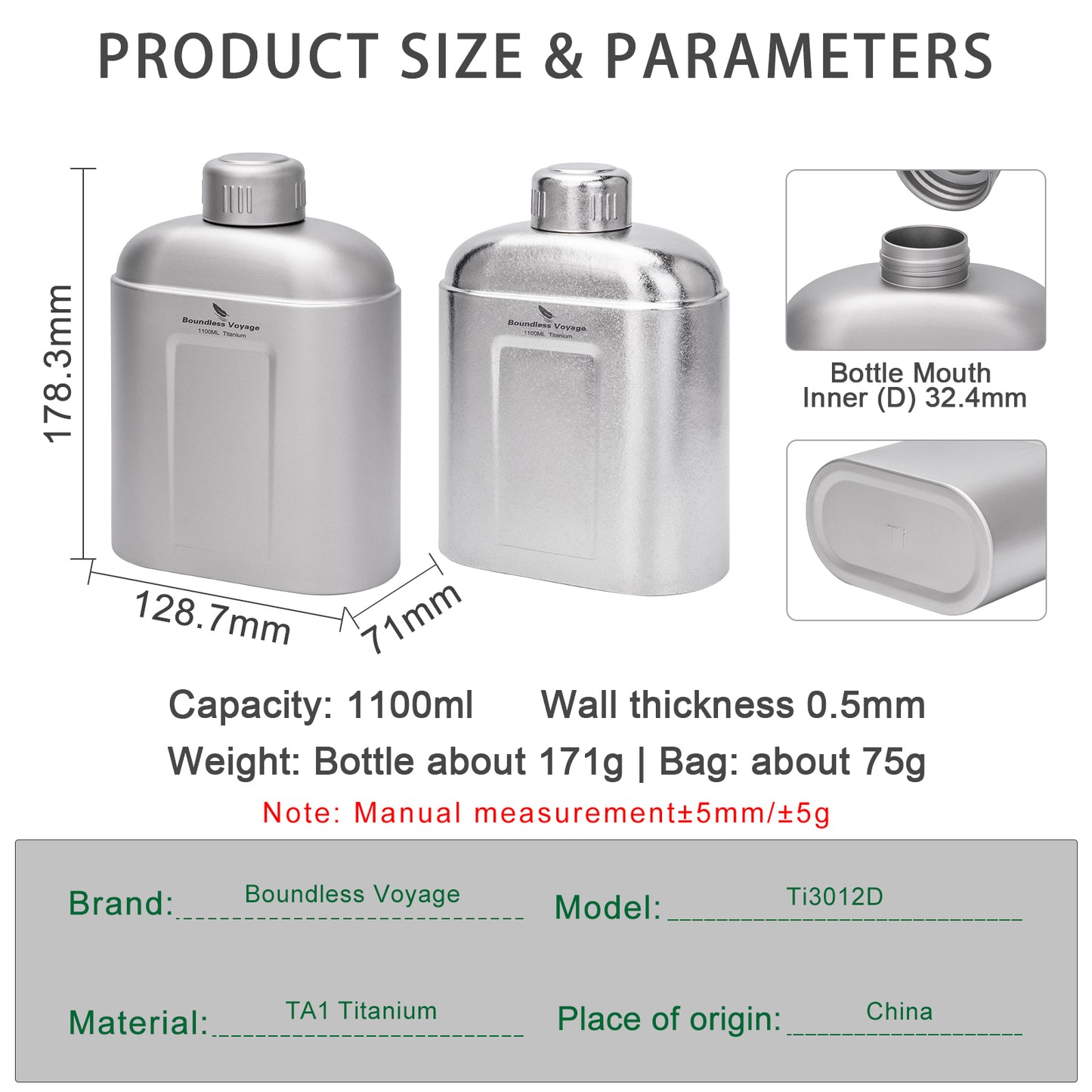 Boundless Voyage 1100ml TA1 Pure Titanium Canteen Bottle | Single Layer Open Flame Heatable Water Flask, Leakproof Double Wall Lid Military Outdoor Bottle with Crossbody Sleeve Ti3012D