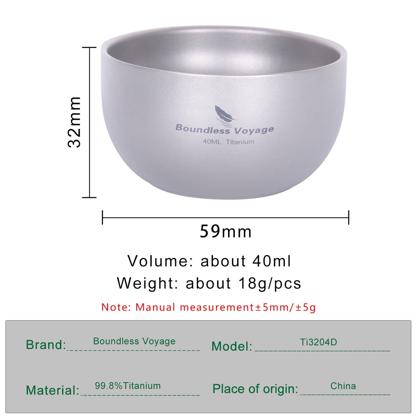 Boundless Voyage 40ml Sandblasted Matte Finish Double-Wall Titanium Sake Cup & Kung Fu Tea Cup, Portable Mini Mug for Camping, Picnic & Daily Home Use Ti3204D