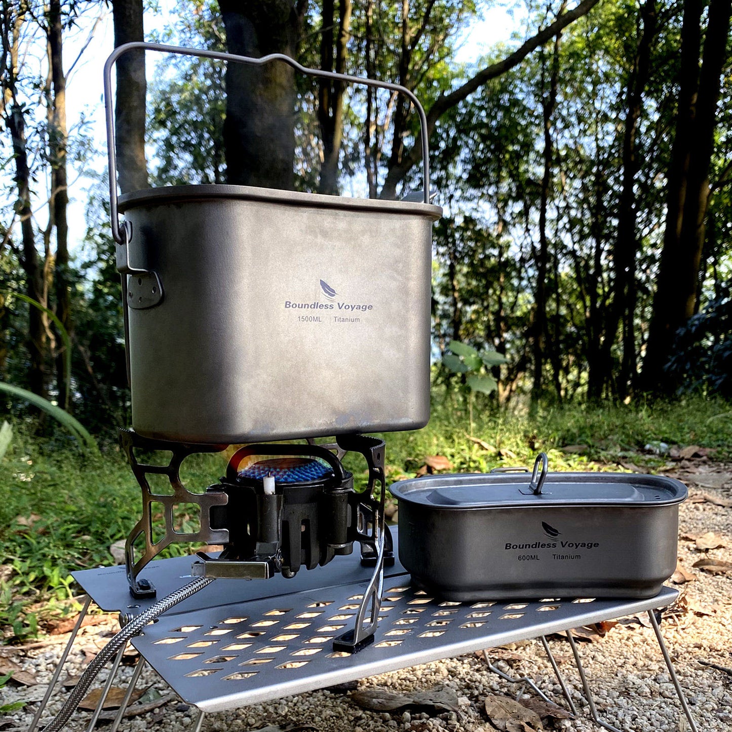 Boundless Voyage Titanium Hanging Cookware Set, 1500ml Pot + 600ml Cup with Lid & Foldable Handles, Ultralight Portable Outdoor Camping Mess Kit Ti2059C