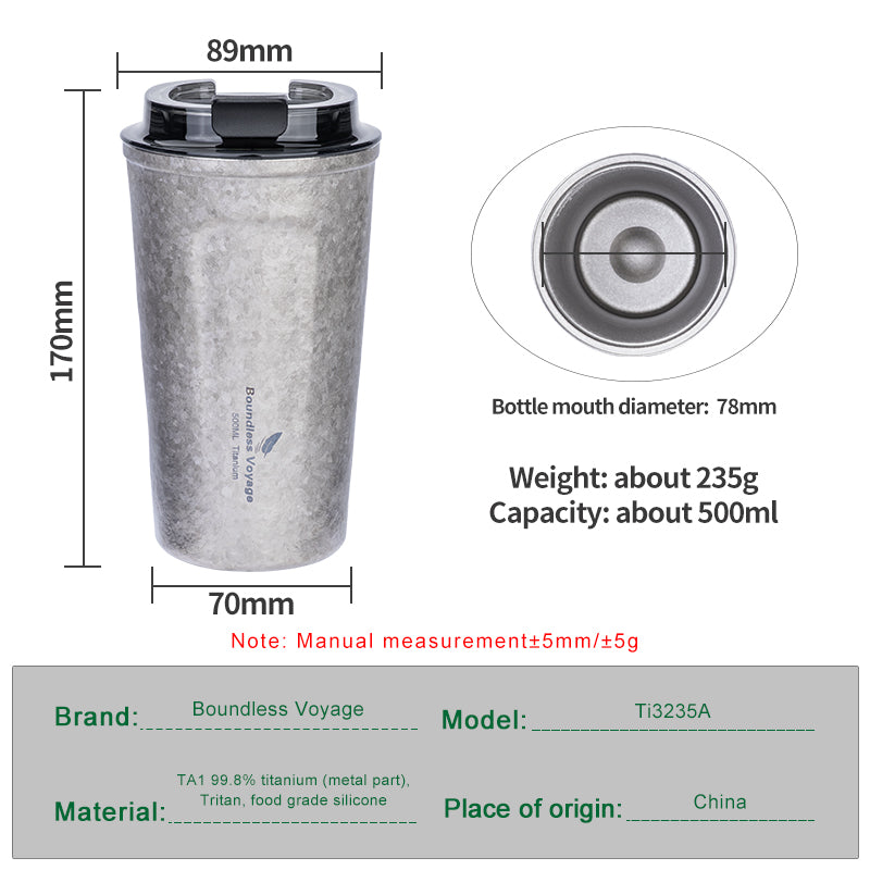 Boundless Voyage Titanium Thermos Bottle with Lid Double-Walled Insulated Water Mug 500ml Ti3235A