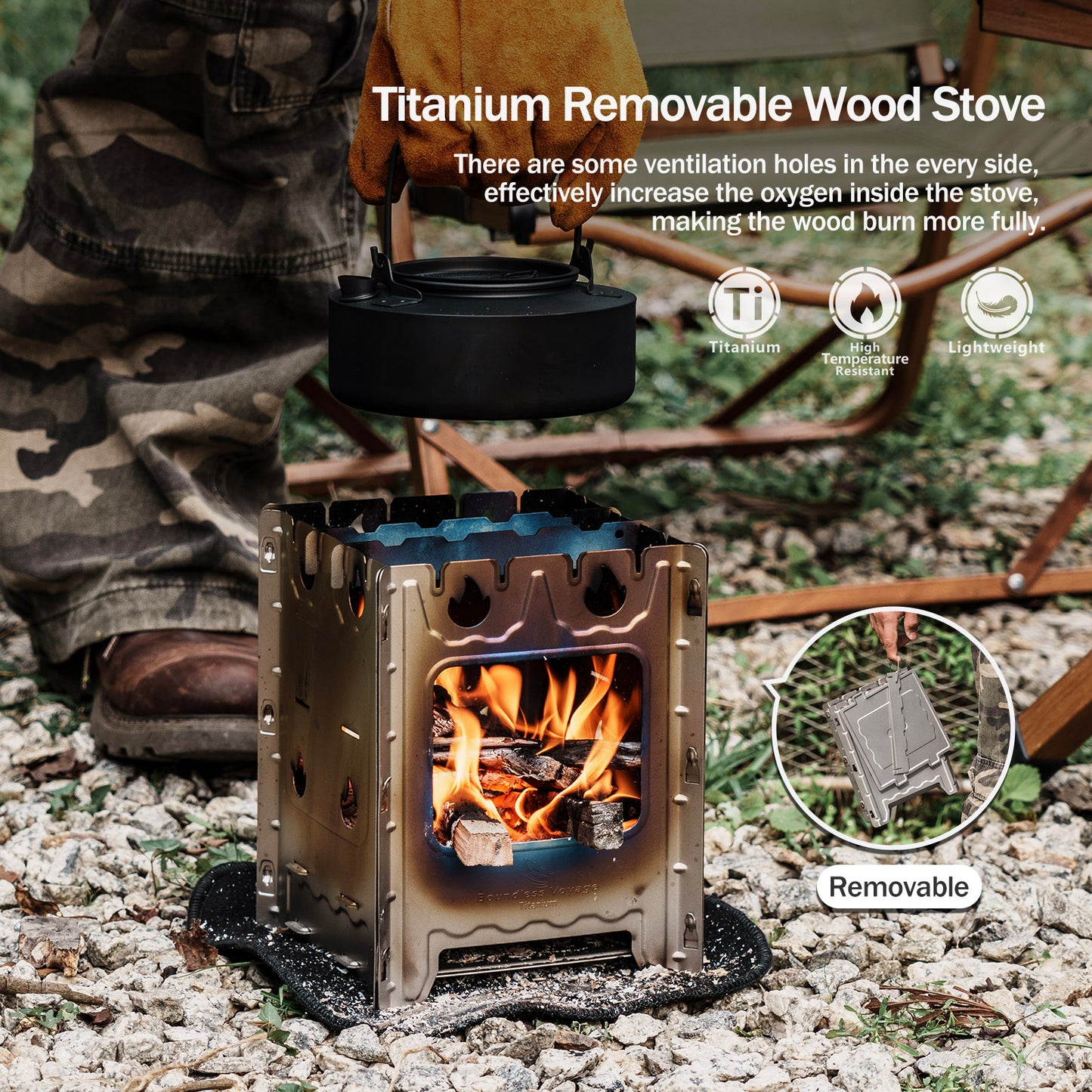 Boundless Voyage Detachable Titanium Wood Stove | Ultralight Thickened Charcoal Burner with Removable Pot Holder, Portable Outdoor Camping Furnace  Ti2008C