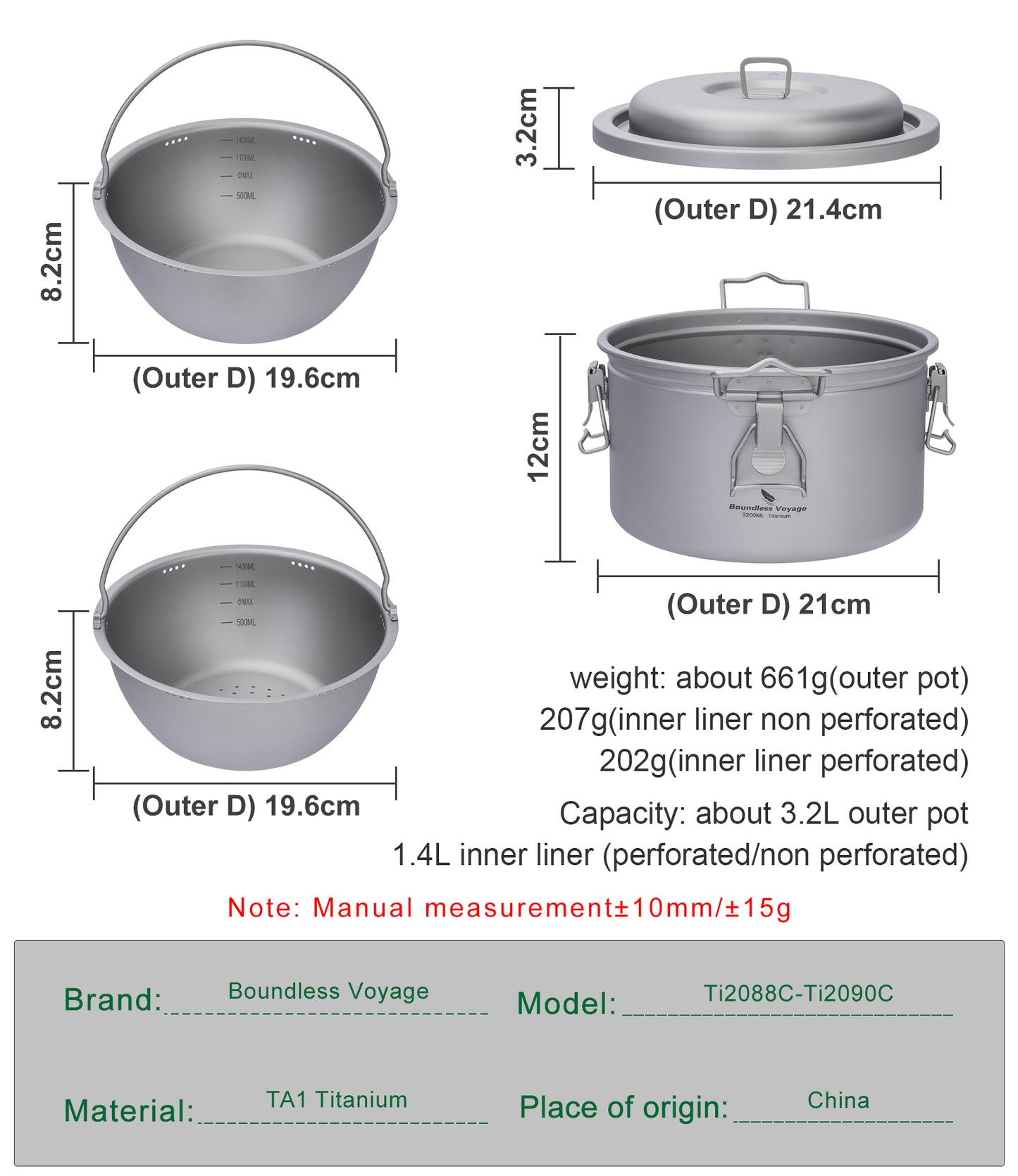 Boundless Voyage Titanium Camping Pot Multifunctional Cooker Ultralight Rice Cooker for Outdoor, Hiking, Travelling Ti2088C-Ti2092C