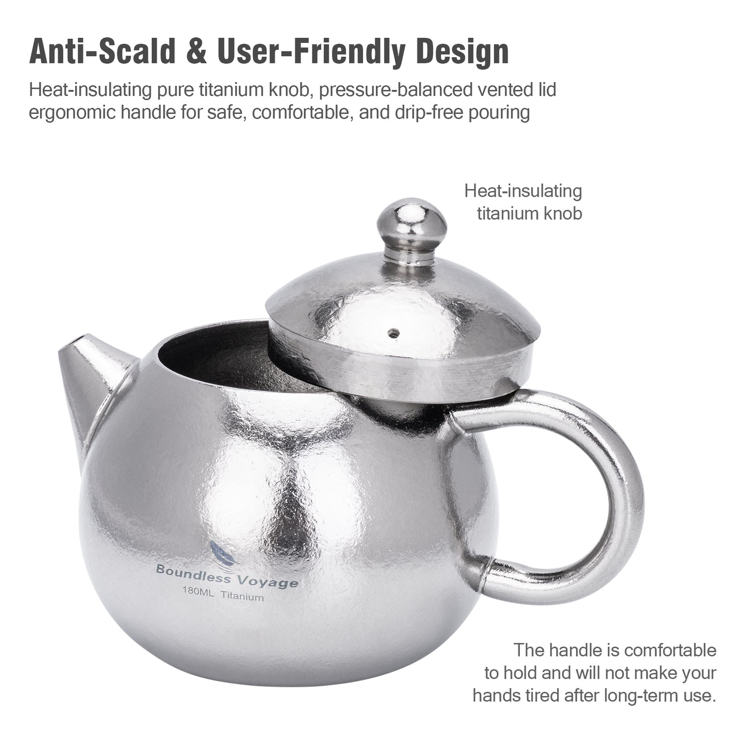 Boundless Voyage Titanium Teapot 180ml, Lightweight Loose Leaf Tea Pot with Anti-Scald Handle & Vented Lid,Tea Maker for Home Office Camping Travel Ti3111D