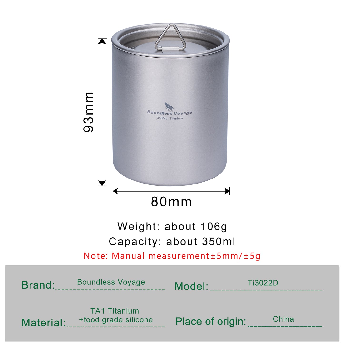 Boundless Voyage 350ml Pure Titanium Double Walled Cup with Lid | Ultralight Anti-Scald Insulated Coffee Mug for Outdoor Camping Hiking Home Office Use Ti3022D