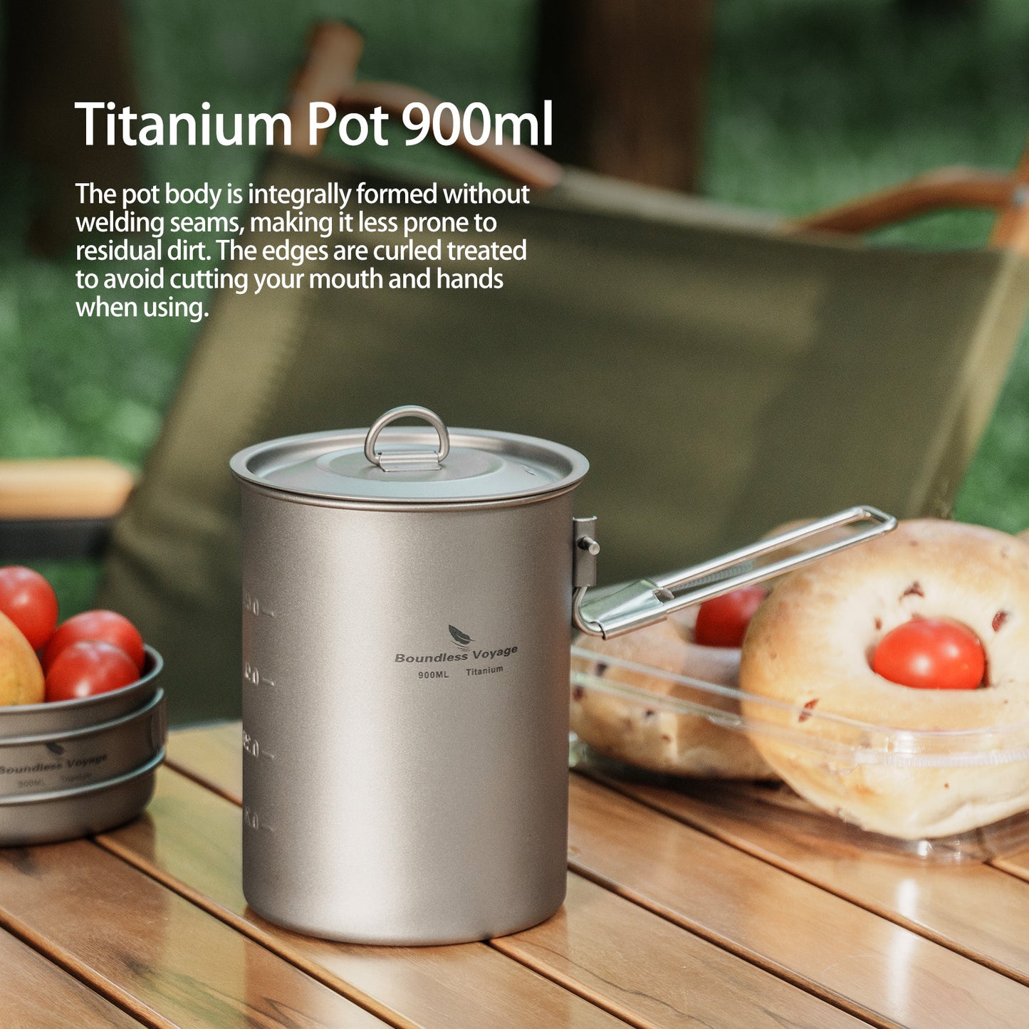 Boundless Voyage Outdoor Camping Titanium Pot Bowl Cup with Lid Folding Handle Hiking Picnic Water Rice Food 900ml Ti2040C