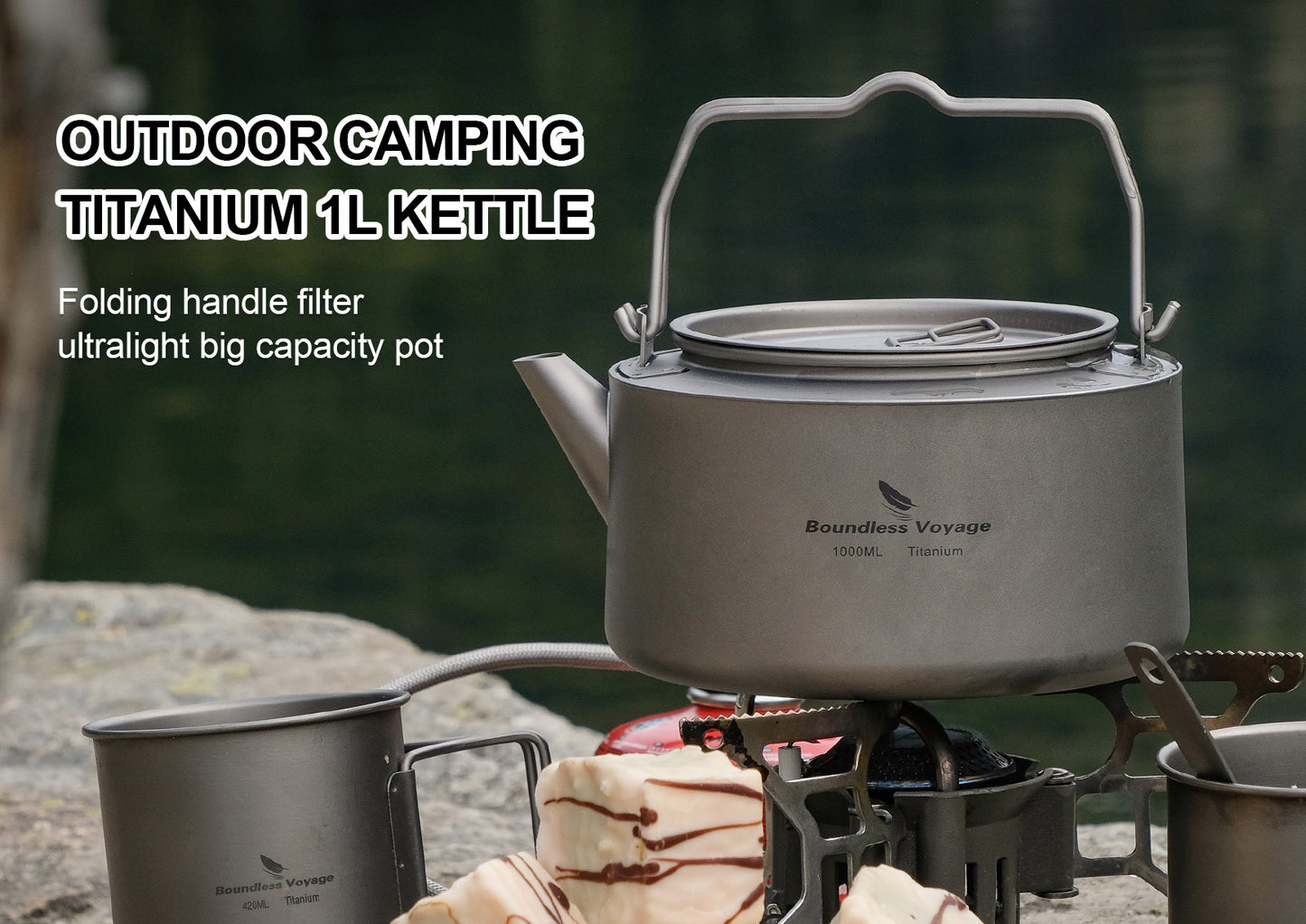 Boundless Voyage 1L Pure Titanium Camping Kettle | Ultralight Coffee Teapot with Foldable Handle & Tea Filter for Boiling Water, Coffee & Tea Ti3098D