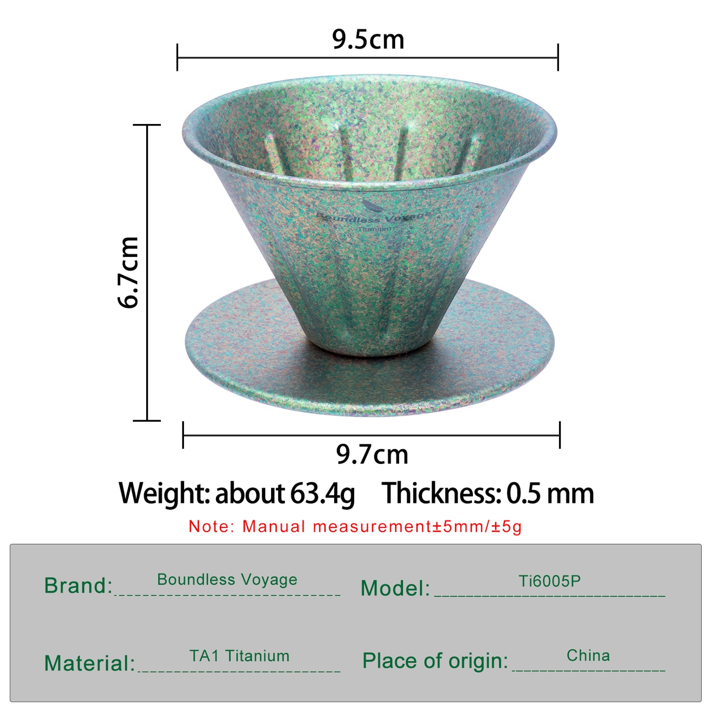 Boundless Voyage Titanium Pour Over Coffee Dripper | Reusable Cone Coffee Strainer Filter, 1-2 Cup Single Serve Coffee Brewer for Travel Camping Home Ti6005P