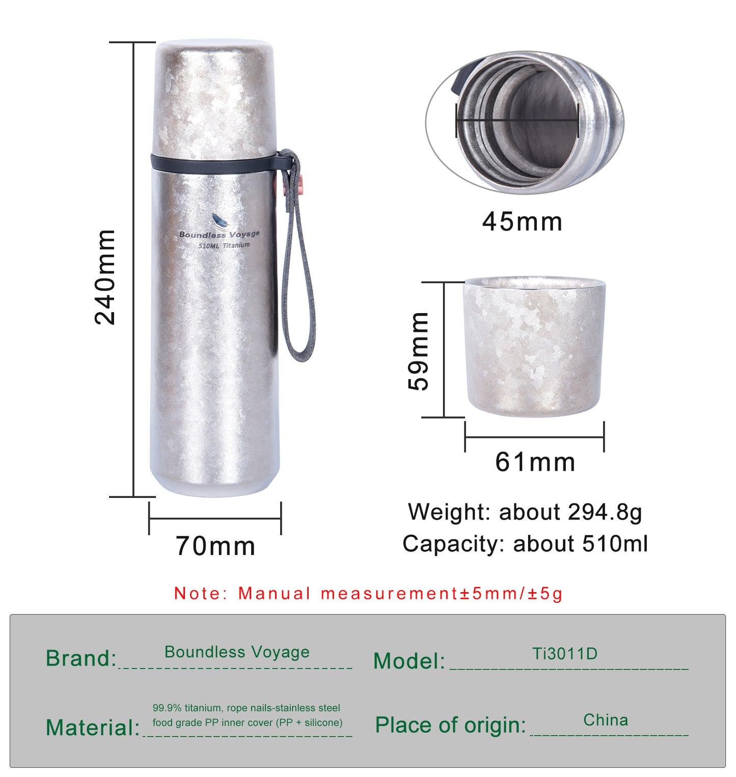 Boundless voyage Titanium Vacuum-Insulated Beverage Bottle Large Capacity 510ml Outdoor Portable Vacuum Flask water bottles Hiking water bottle Ti3011D