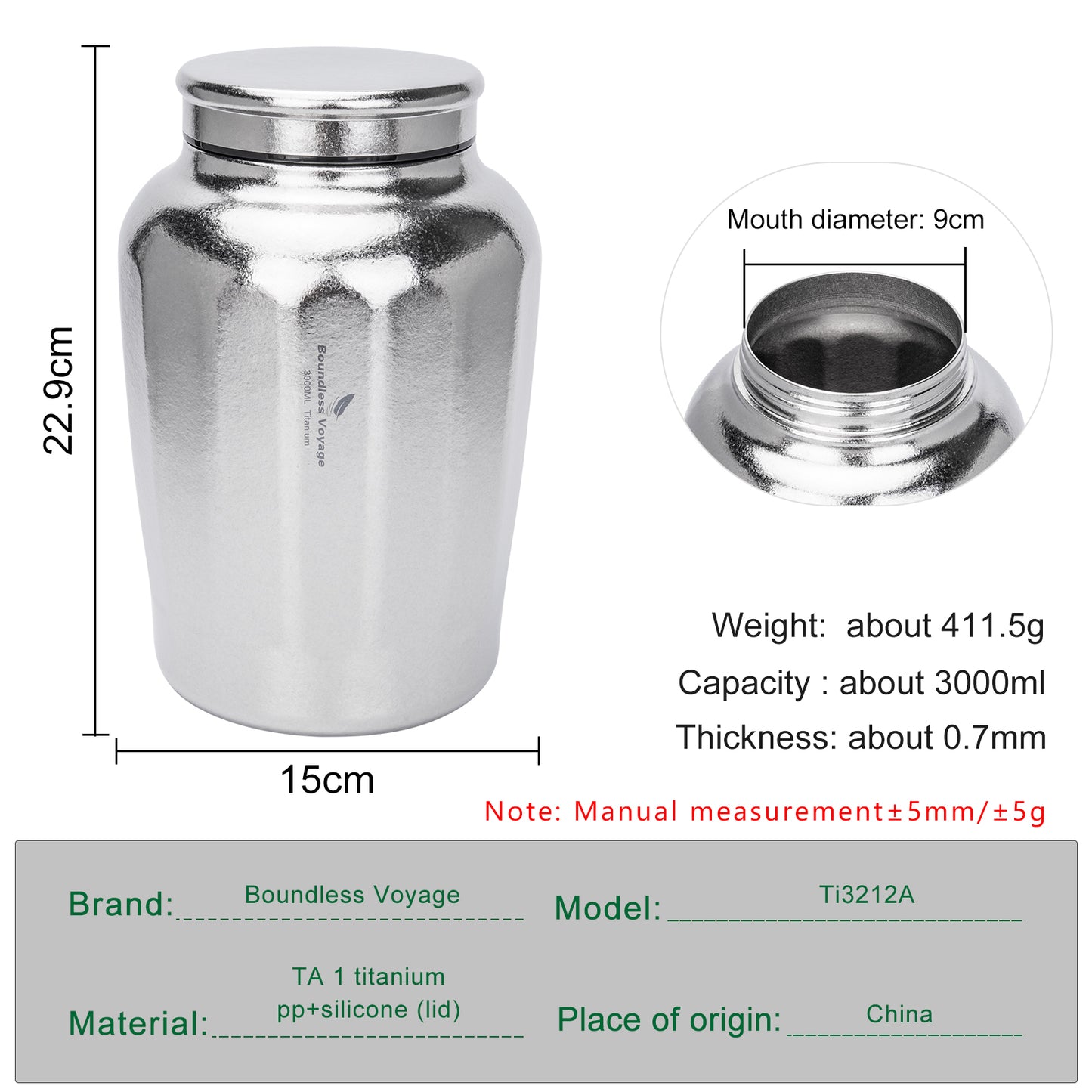 Boundless Voyage 3000ML Pure Titanium Airtight Storage Canister, Large Capacity Sealed Tea Coffee Container, Lightweight Food Storage Jar for Grains Nuts, Home & Camping Use Ti3212A