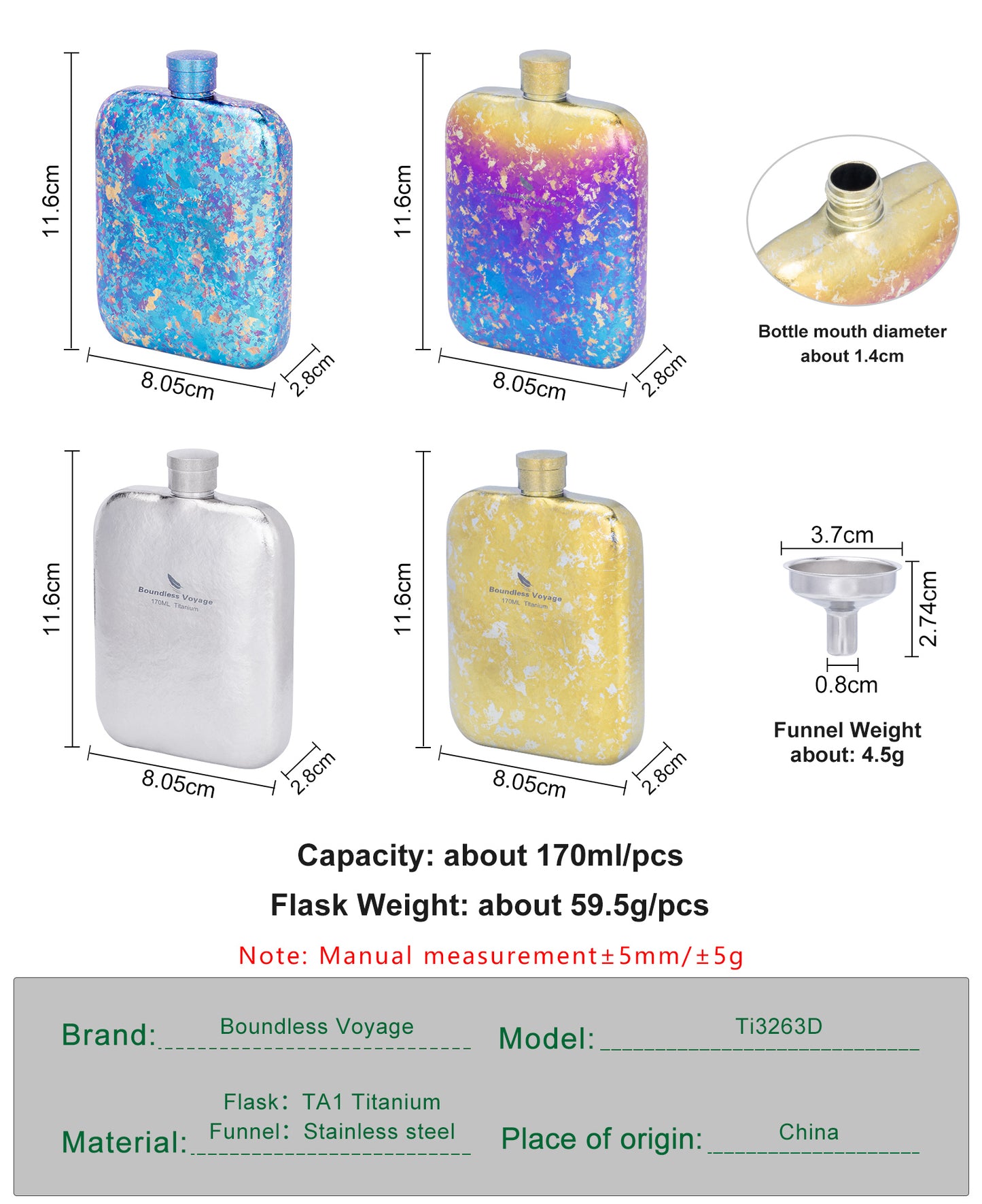 Boundless Voyage Titanium Hip Flask 170ml Small Liquor Flask Bottle for Whiskey Vodka Wine Portable Travel Outdoor Ultralight Pocket Drinkware for Men & Women Ti3263D