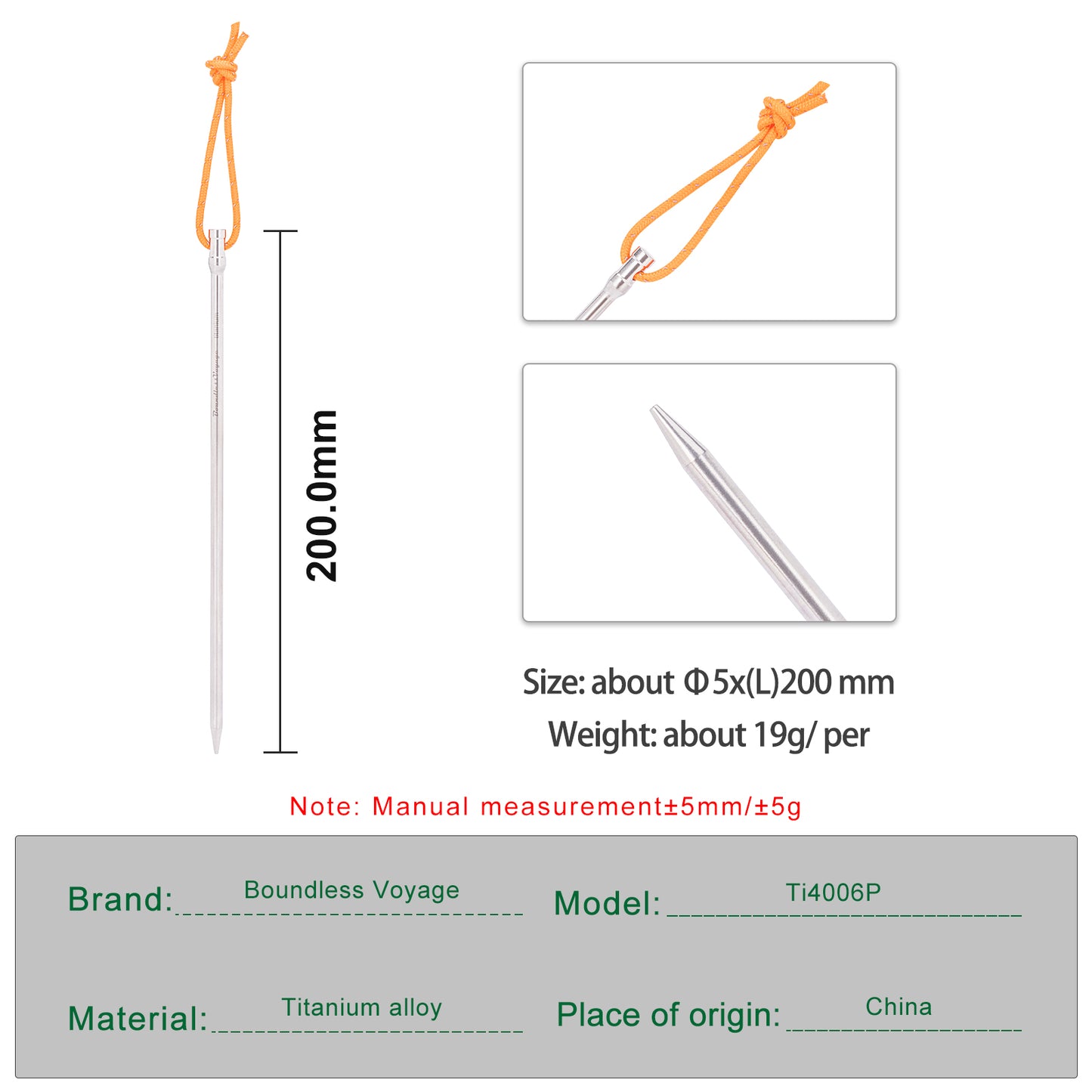 Boundless Voyage 20cm Titanium Alloy Tent Stakes | Ultralight Heavy Duty Ground Pegs, Portable Outdoor Camping Accessories, 6Pcs & 8Pcs Optional Sets Ti4006P