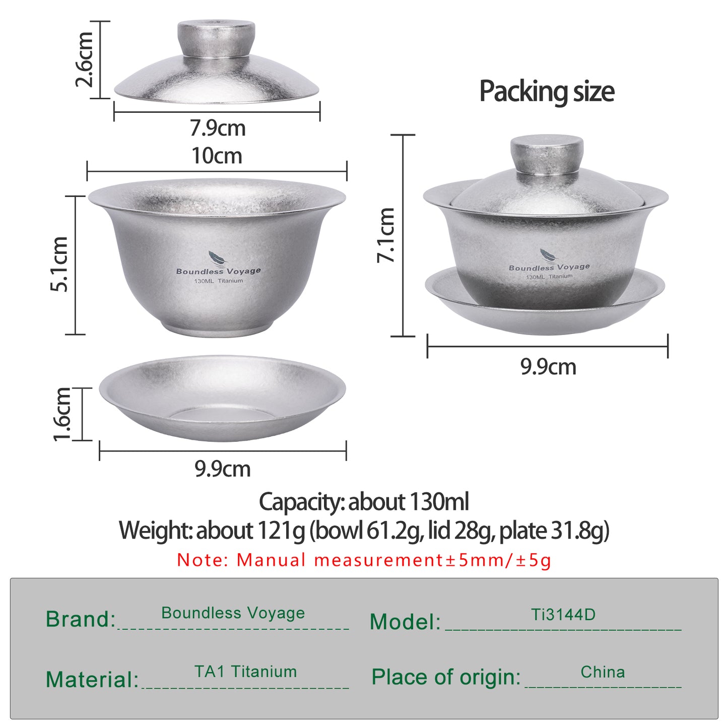 Boundless Voyage 130ml High-Temp Crystalline Finish Double Wall Titanium Gaiwan, Ultralight Three-Talent Kung Fu Tea Bowl, Anti-Scald Tea Set for Home Tea Ceremony & Camping Ti3144D