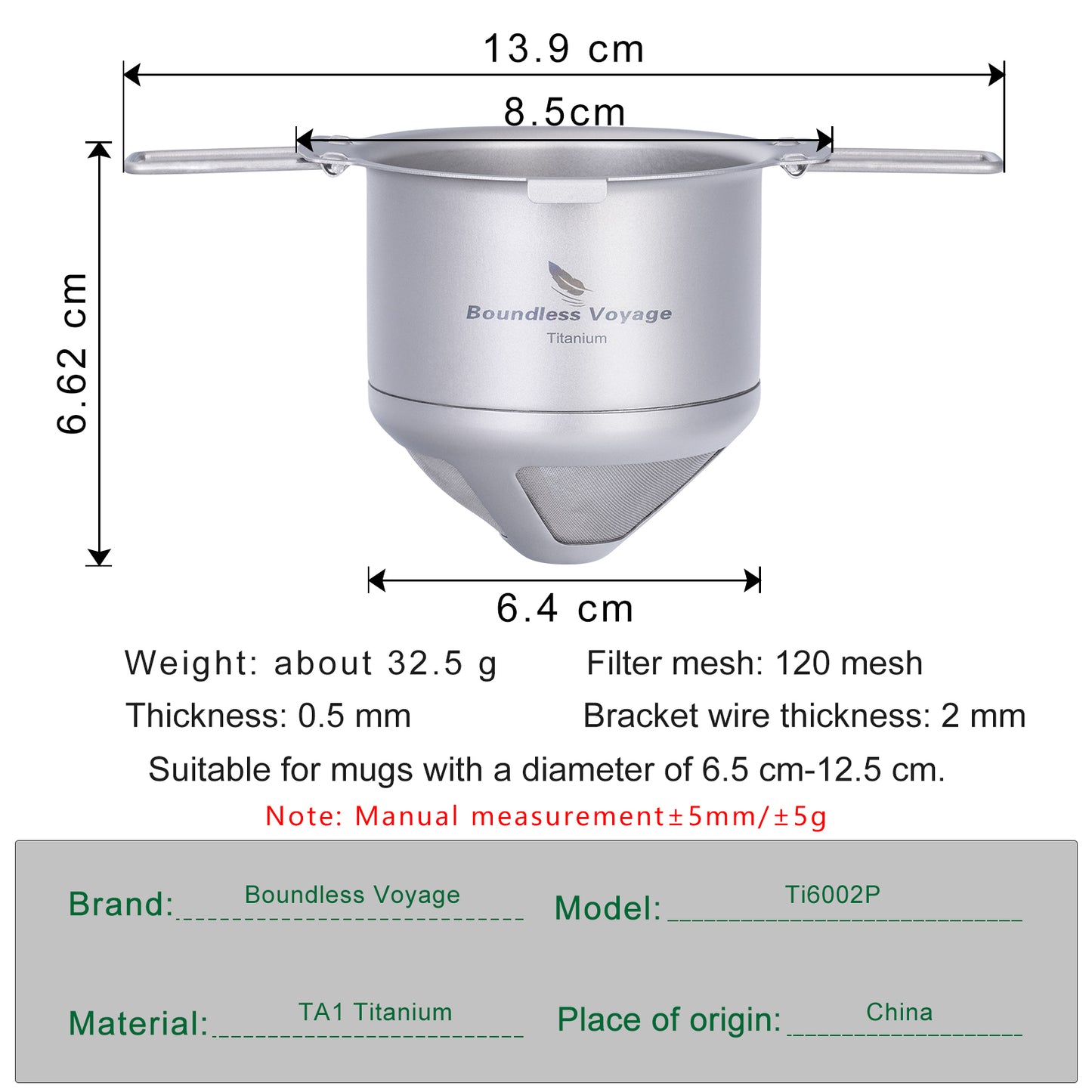 Boundless Voyage Titanium Folding Coffee Drip Filter, Ultralight Portable Hanging Ear Hand Brew Coffee Filter, Fits Mugs with 6.5cm–12.5cm Diameter Ti6002P
