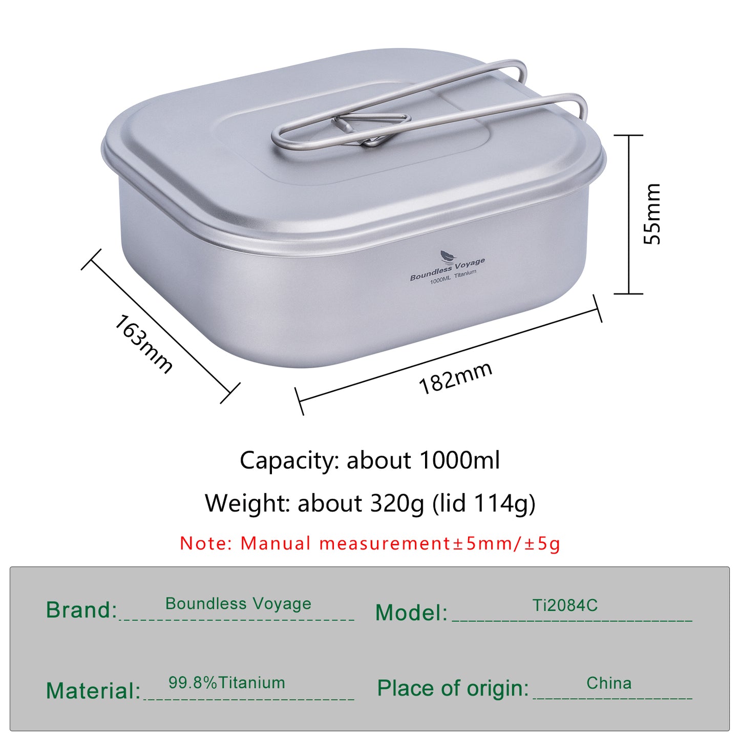 Boundless Voyage 1000ml Titanium Military Mess Tin with Lid & Folding Handle, Portable Bushcraft Cookware Multi-Purpose Lunch Box Bowl Pan for Outdoor Camping Ti2084C