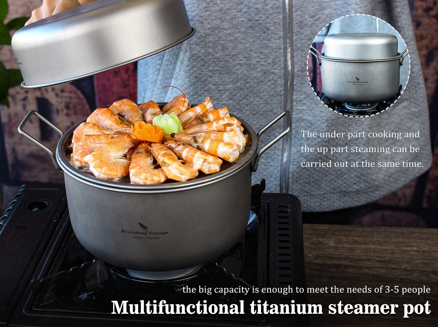 Boundless Voyage Multifunctional Titanium Cookware Set, 1900ml Soup Stockpot + 900ml Frying Pan with Lid & Tea Tray, Portable Outdoor Camping Mess Kit Ti2057C