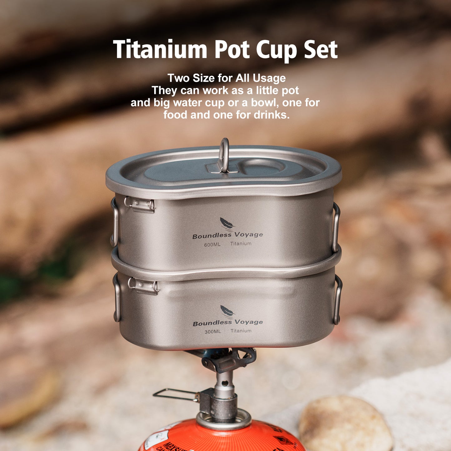 300ml + 600ml Titanium Camping Cookware Set - Kidney-Shaped Canteen Cups with Lid & Hanging Chain - Ultralight Mess Kit 2046c
