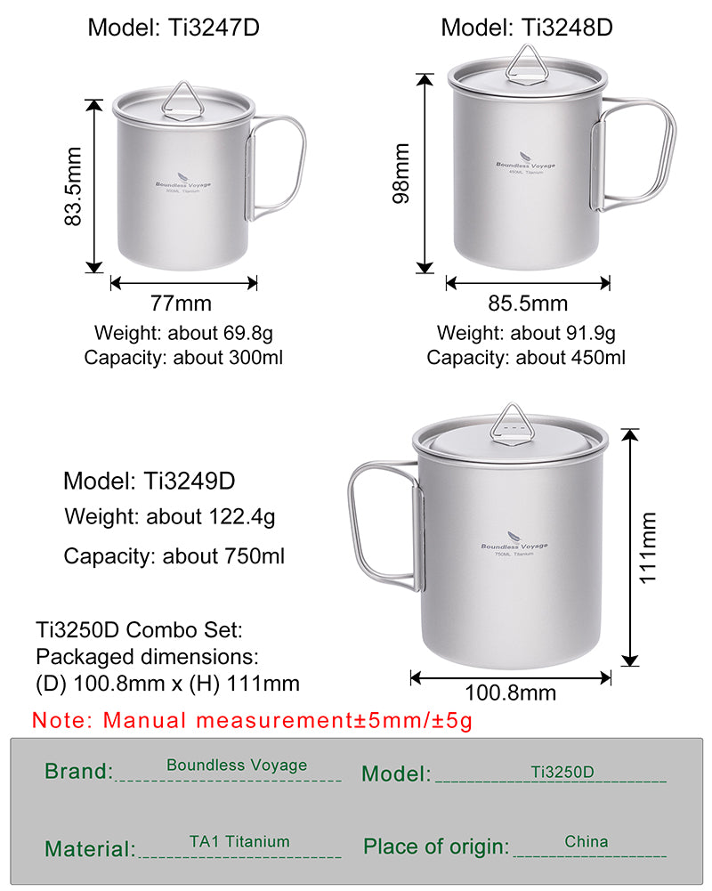 Boundless Voyage Titanium Camping Cup with Lid 300ml 450ml 750ml Stackable Lightweight Mug Pot for Backpacking, Hiking, Travel Durable Portable Cookware for Ultralight Outdoor Enthusiasts 3247-3250D