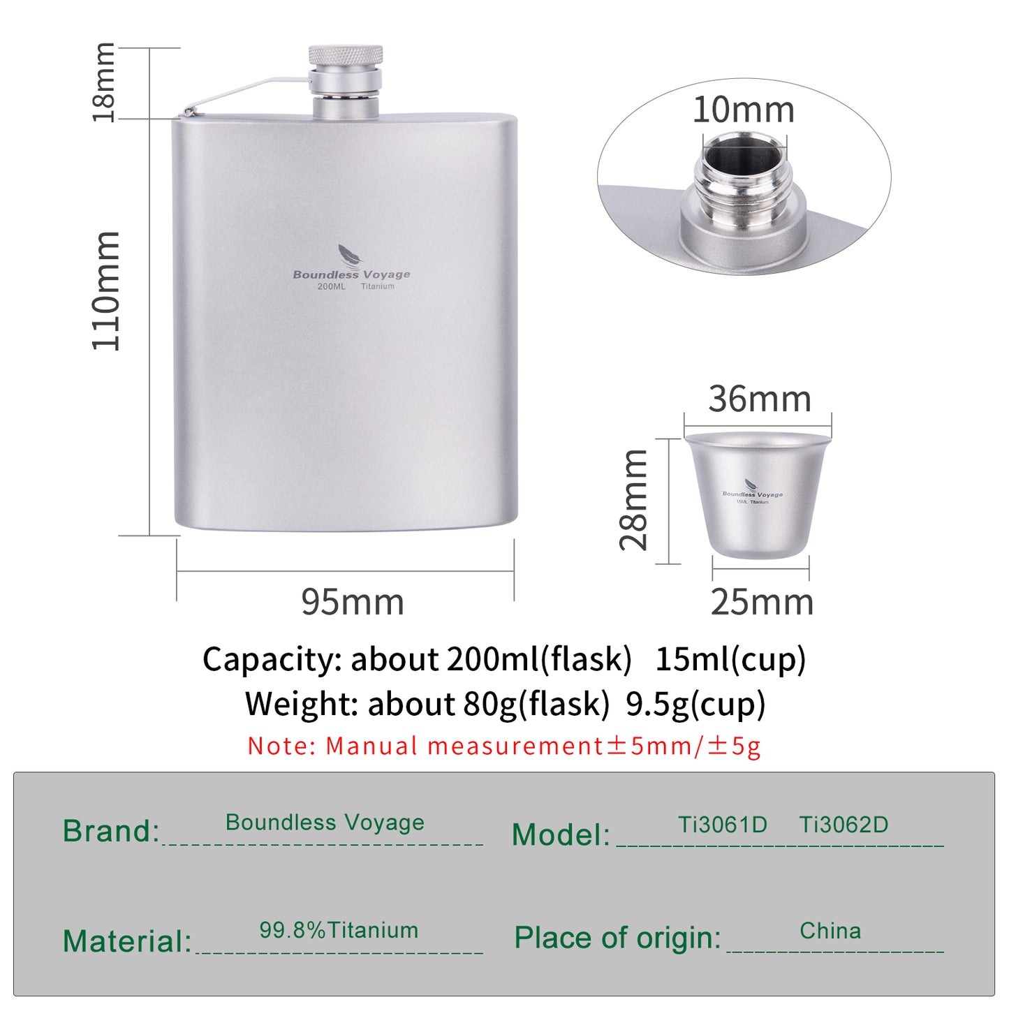 Boundless Voyage Titanium Ultralight Hip Flask 200ml Portable Wine Bottle with Funnel Camping Picnic Pocket Whiskey Alcohol Drinkware Accessories Ti3061D-Ti3062D