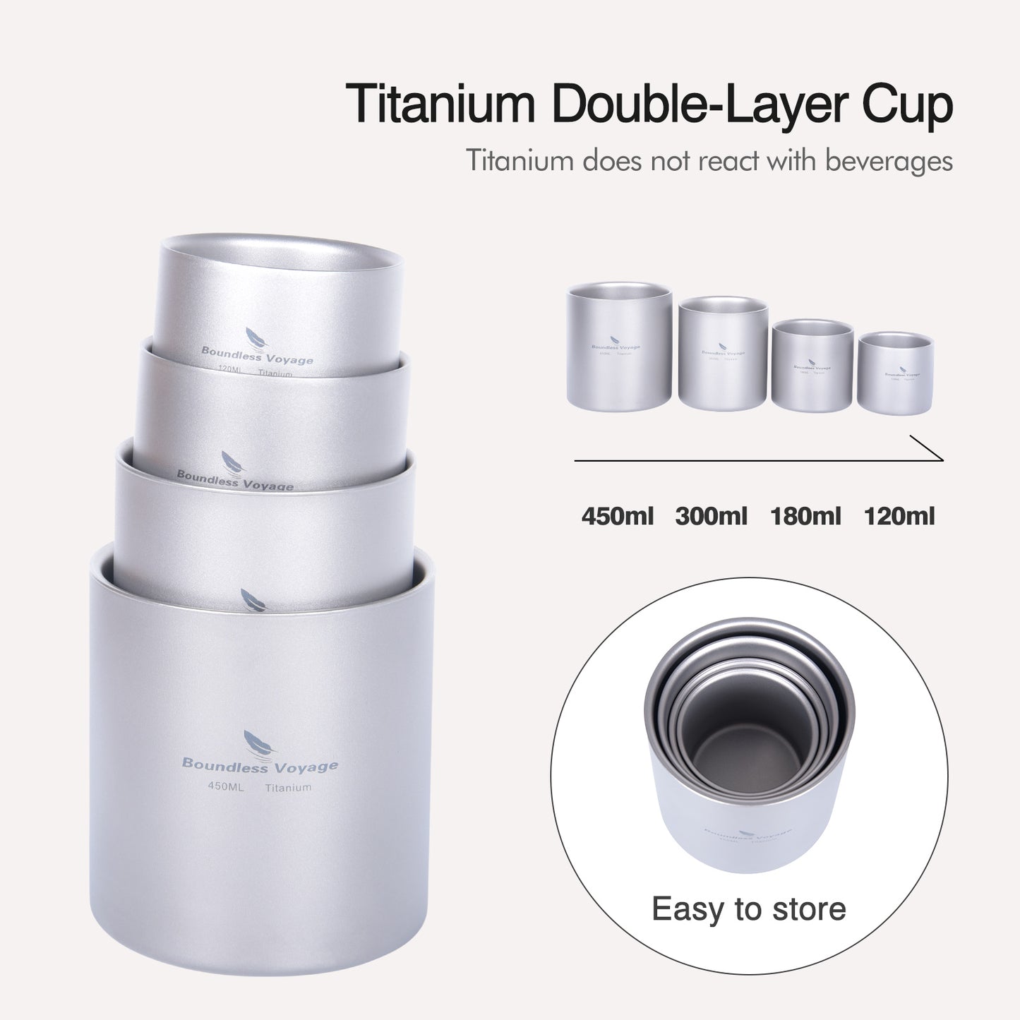 Boundless Voyage Pure Titanium Double-Walled Cup | 120ml/180ml/300ml/450ml Ultralight Anti-Scald Insulated Coffee Mug, Non-Toxic Travel Cup for Camping, Hiking, Home & Office Ti3027D-Ti3032D