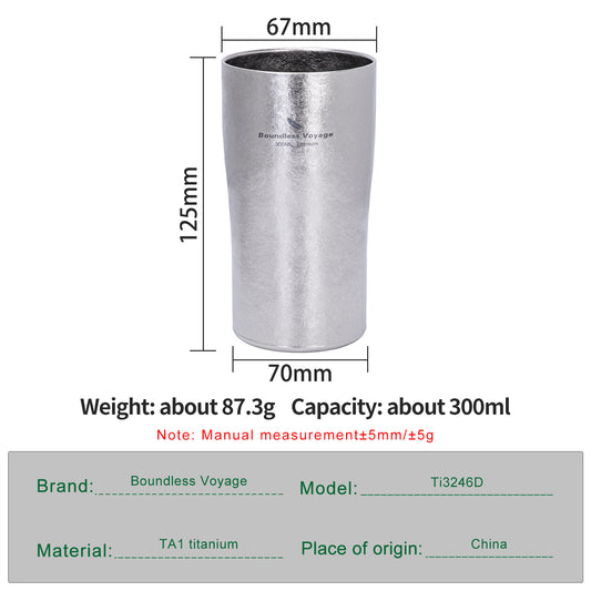 Boundless Voyage Titanium Double-Walled Beer Cup Ultralight Coffee Tea Juicy Cups for Home Outdoor Camping Picnic 300ml Crystallized Finish Ti3246D