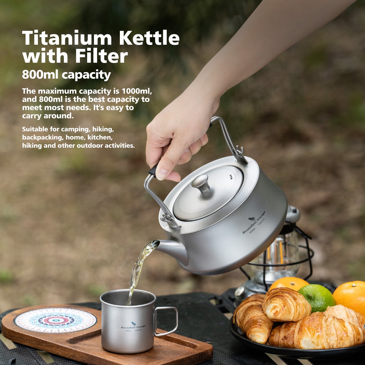 Boundless Voyage 800ml Pure Titanium Kettle with Filter & Foldable Handle, Ultralight Camping Teapot Ti3093D