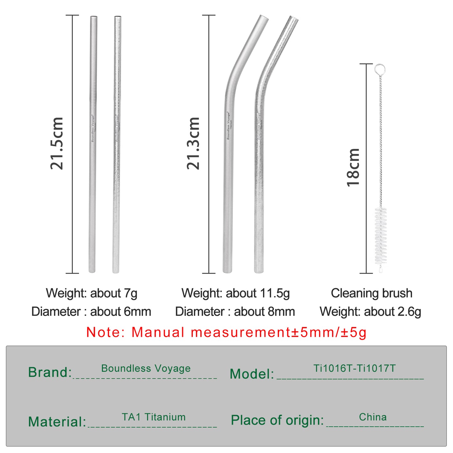 Boundless Voyage Titanium Drinking Straws, Reusable Pure Titanium Metal Straws 6mm 8mm Ti1016T Ti1017T