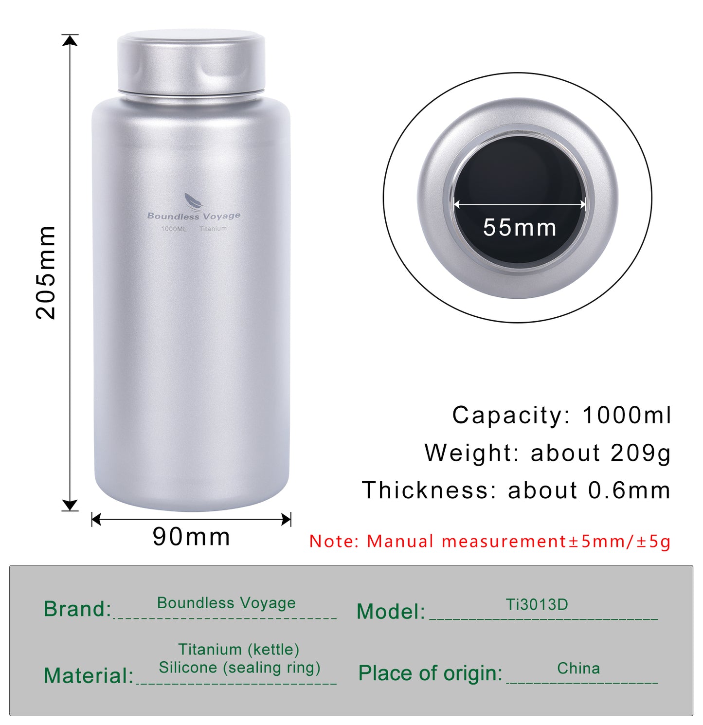 Boundless Voyage Titanium Bottle 1 Liter Single-layer Sports Water Bottle Ultralight Leakproof Drinkware for Outdoor Camping Hiking Ti3013D