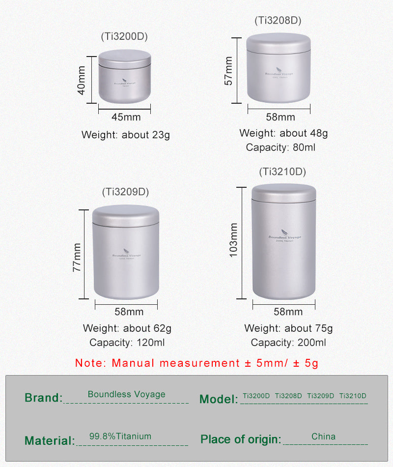 Boundless Voyage Titanium Tea Caddy Canister, Ultralight Portable Food Storage Container, Multi-Purpose Jar for Loose Tea, Coffee Beans, Spices, Nuts & Sugar, for Kitchen, Camping, Travel & Daily Use Ti3208D-Ti3210D