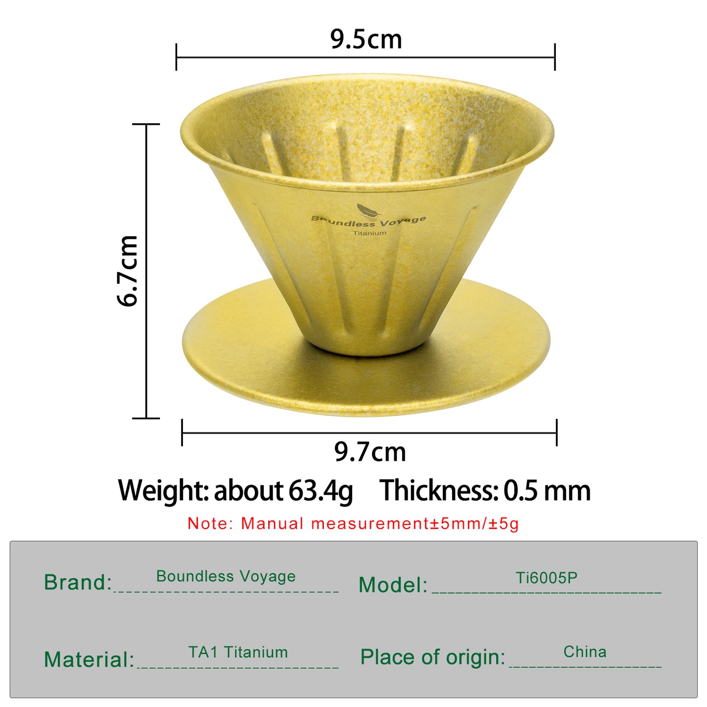 Boundless Voyage Titanium Pour Over Coffee Dripper | Reusable Cone Coffee Strainer Filter, 1-2 Cup Single Serve Coffee Brewer for Travel Camping Home Ti6005P
