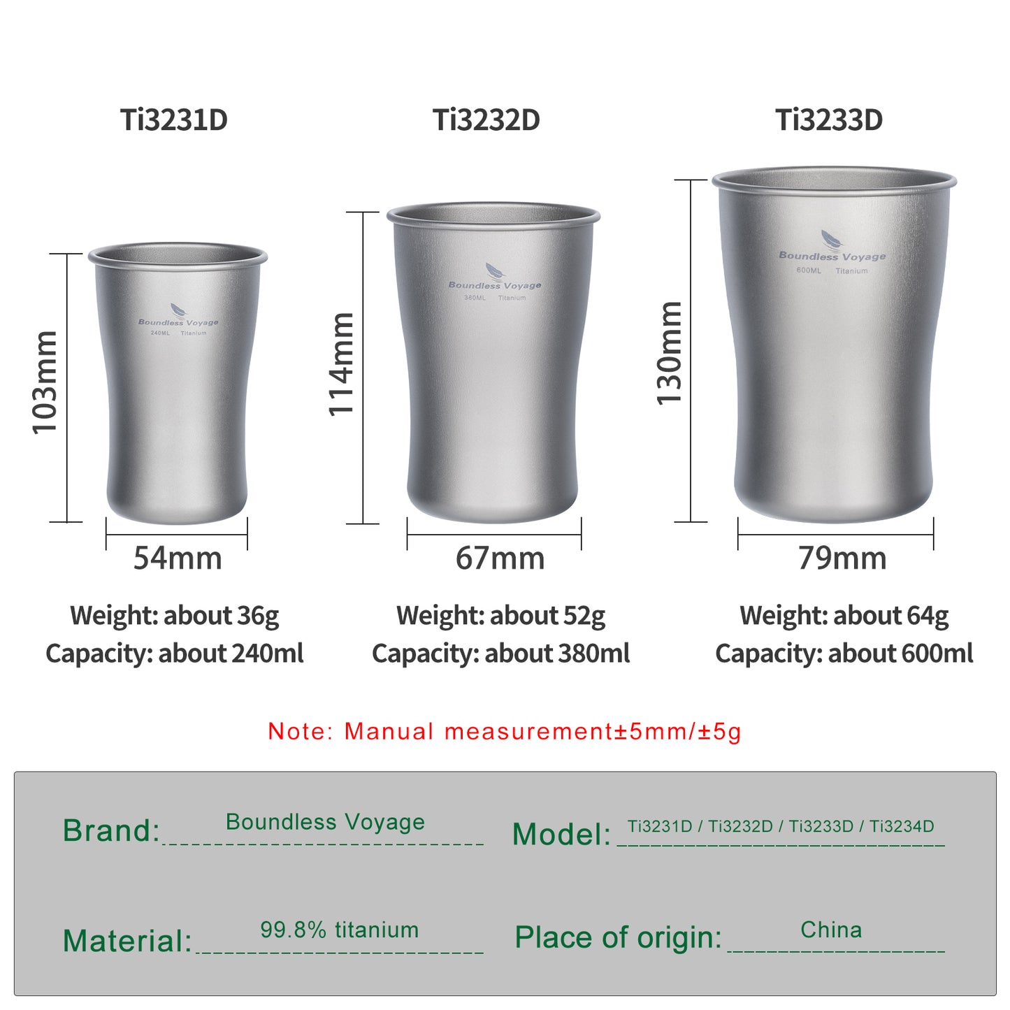 Boundless Voyage 240ml/380ml/600ml Pure Titanium Beer Mug | Ultralight Coffee & Juice Tea Cup for Outdoor Camping & Picnic Ti3231D-Ti3234D
