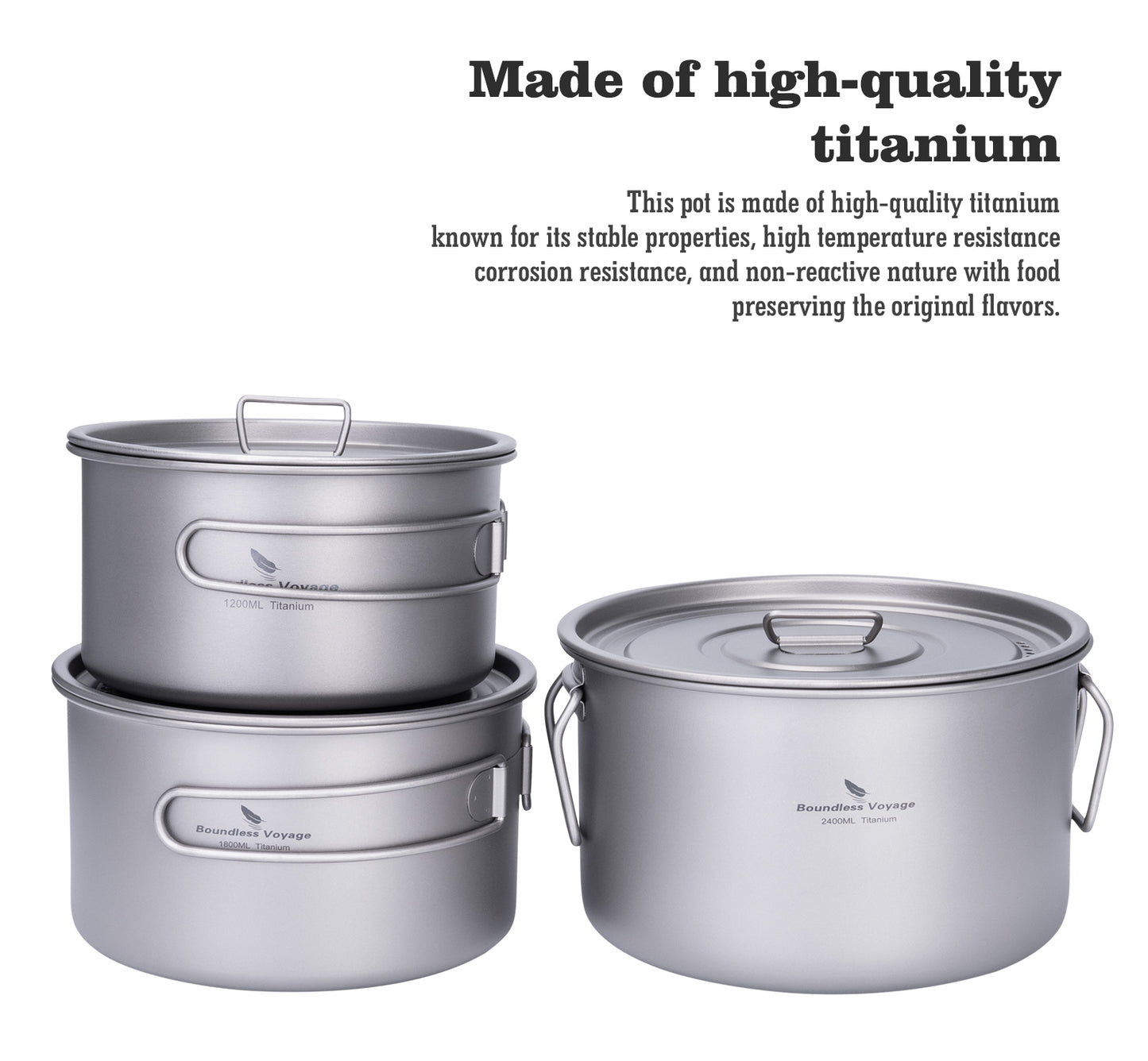 Boundless Voyage Lightweight Titanium Pot Outdoor Portable Cooking Set hiking Backpacking Pot for Hiking Trekking Picnic Fishing Mountaineering