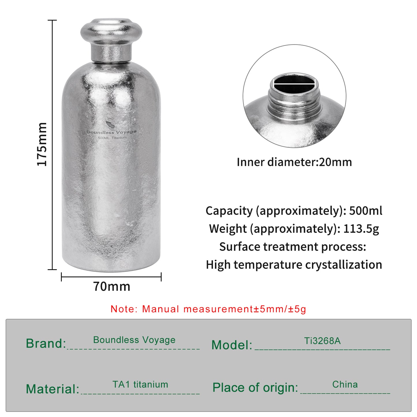Boundless Voyage 500ml Coating-Free Titanium Flask bottle, Leakproof Narrow Mouth Portable Liquor Bottle for Travel Camping Hiking Ti3268A
