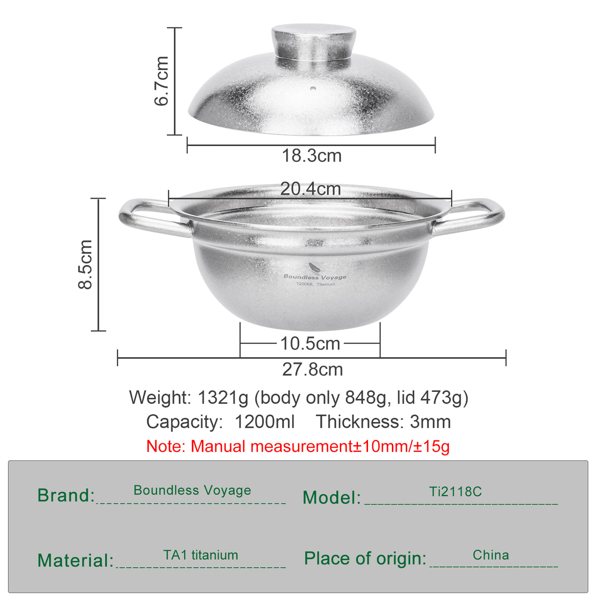 Boundless Voyage 1.2L titanium cooking pot Ti2118C product specifications dimensions 255x130mm and weight 1321g