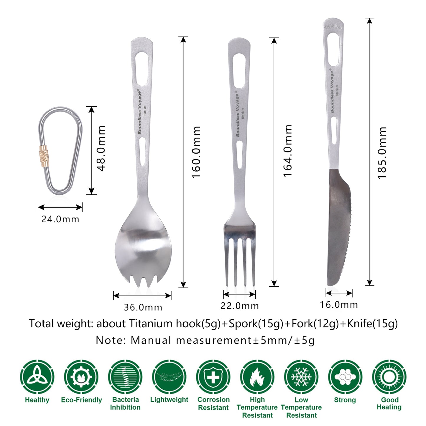 Boundless Voyage 3‑Pcs Titanium Cutlery Set of Spork, Fork and Dinner Knife , Ideal for Steak, Salad, Noodles and Curry, Portable Tableware Kit for Outdoor Travel, Office, School and Household Use Ti1050T