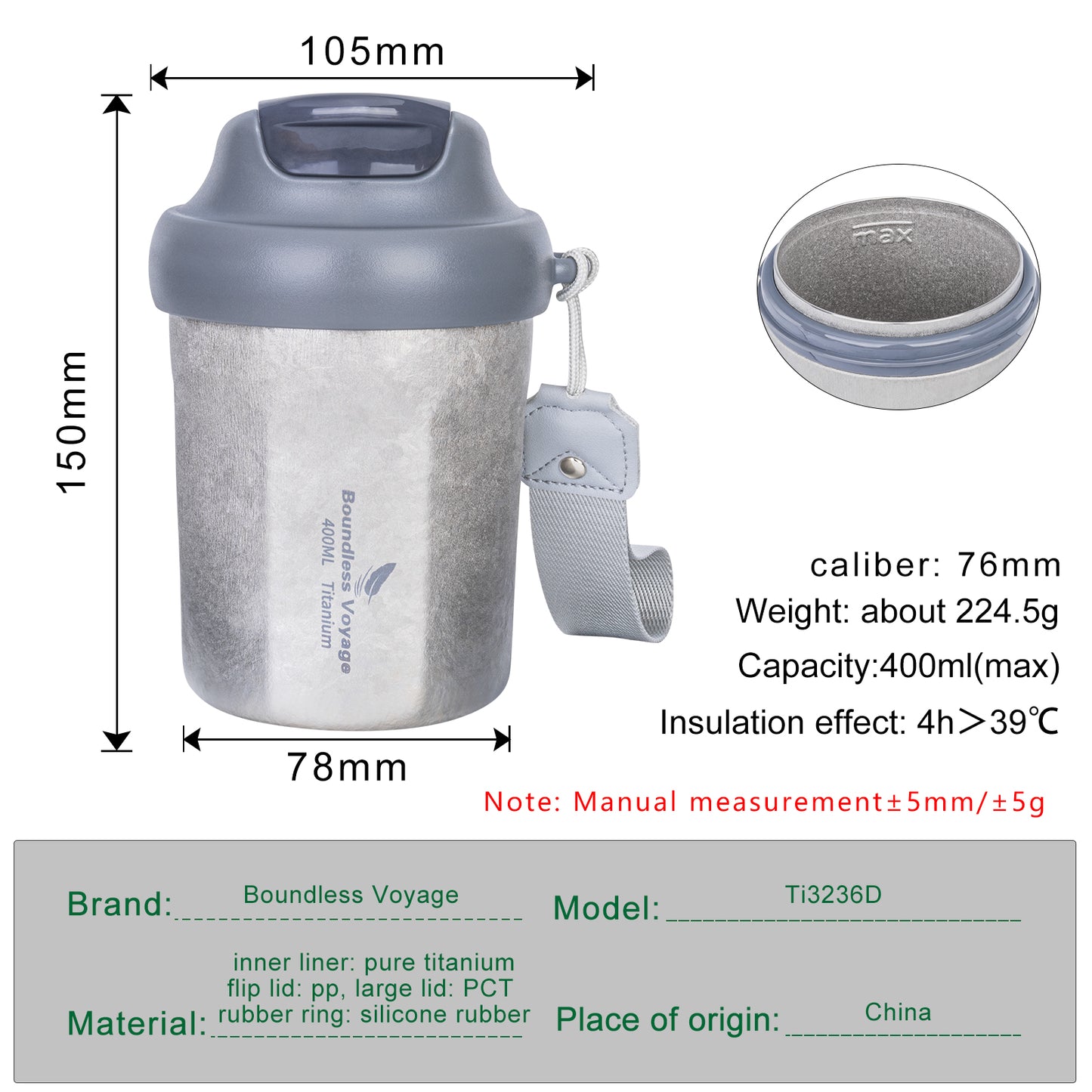 Boundless Voyage 400ml Titanium Vacuum Insulated Travel Coffee Mug , Spill-Proof Thermal Cup for Hot & Cold Drinks  Ti3236D