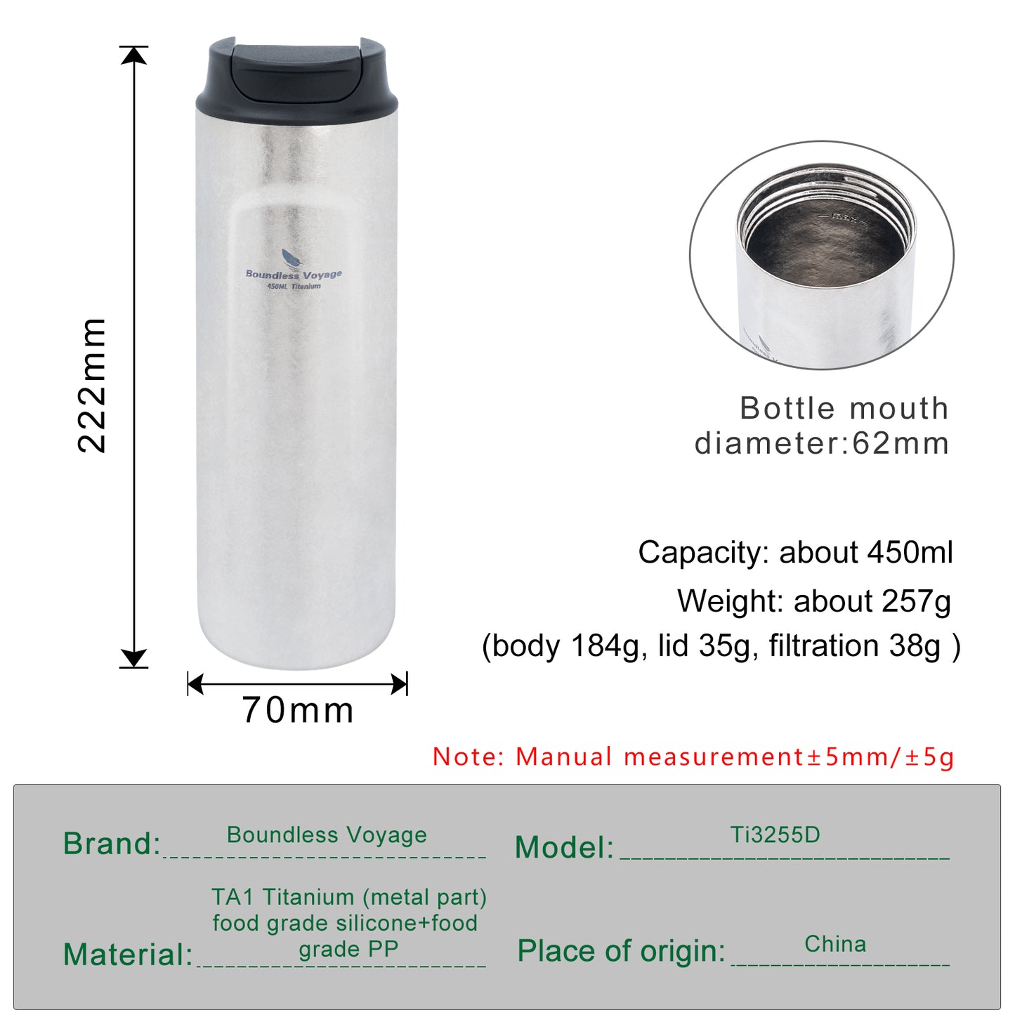 Boundless Voyage 450ml Double-Walled Insulated Titanium French Press Coffee Tumbler with Lid, Portable Filter Coffee Mug for Travel Daily Use Ti3255D