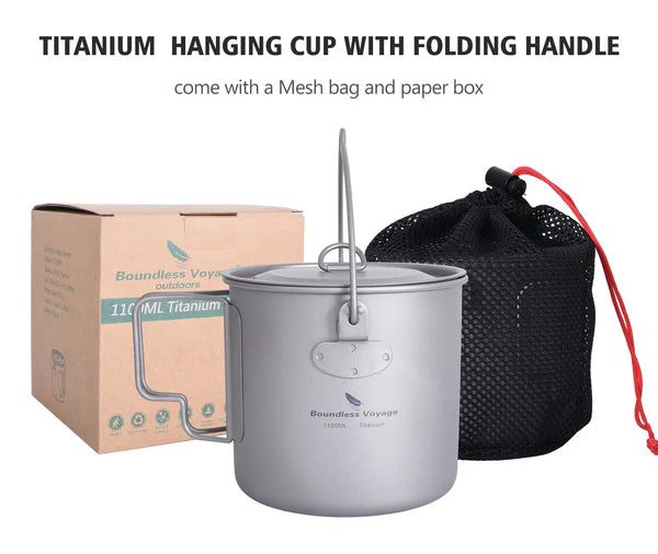 Boundless Voyage 1100ml Pure Titanium Hanging Pot with Lid | 37oz Ultralight Single-Wall Bushcraft Cookpot with Bail & Foldable Handle, Compatible with Open Fire & Camping Stove Ti3041D