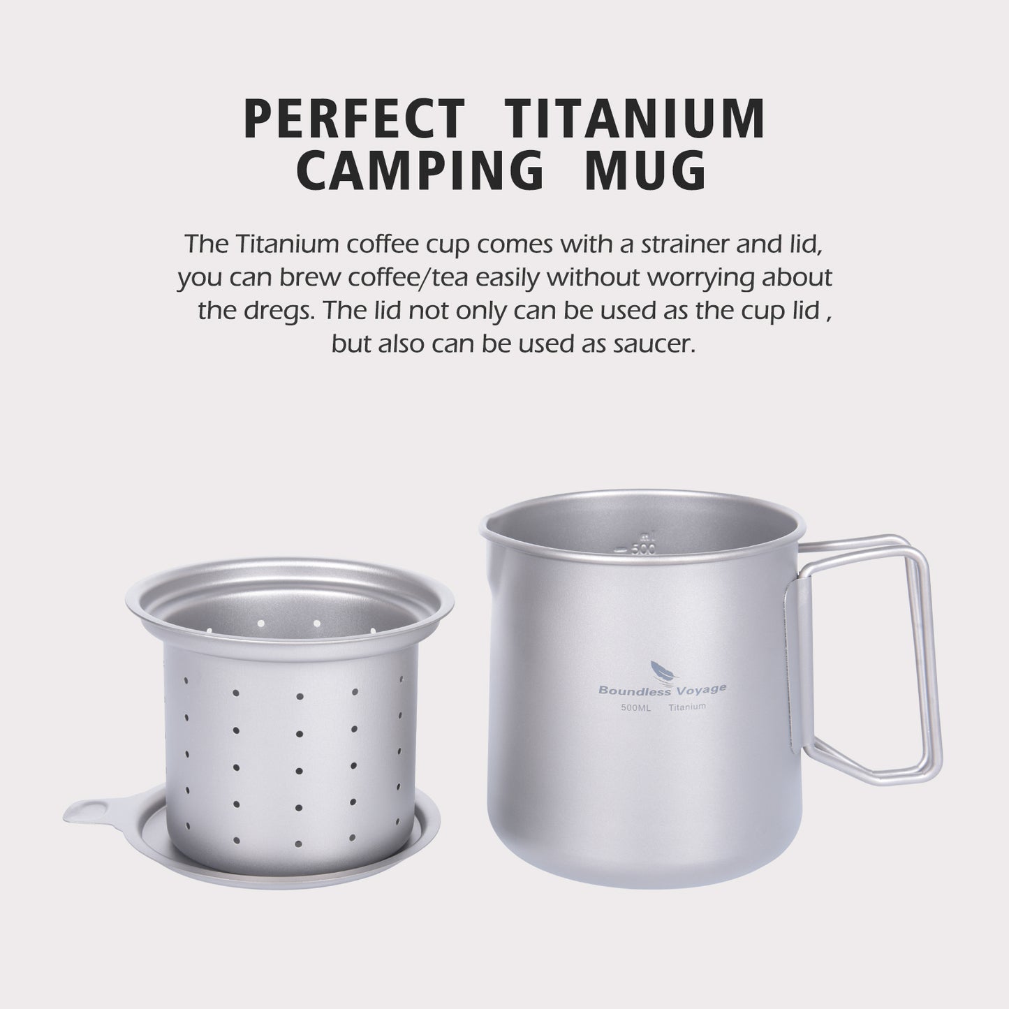 Boundless Voyage Ultralight Titanium Camping Pot Set, 500ml Mug with Portable Foldable Handles & 2pcs Small Cups, Outdoor Cookware for Hiking Backpacking Travel Ti3127D
