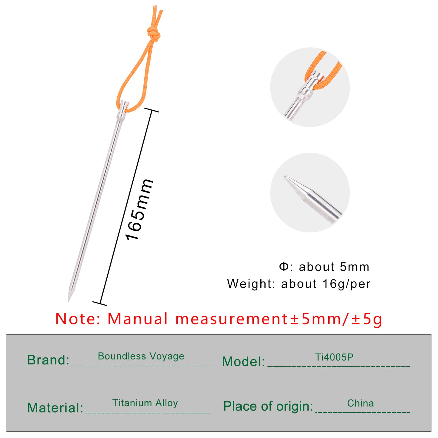 Boundless Voyage 16.5cm Titanium Alloy Tent Stakes | Ultralight Heavy Duty Ground Pegs, Portable Outdoor Camping Accessories, 4Pcs/8Pcs/12Pcs Optional Packs Ti4005P