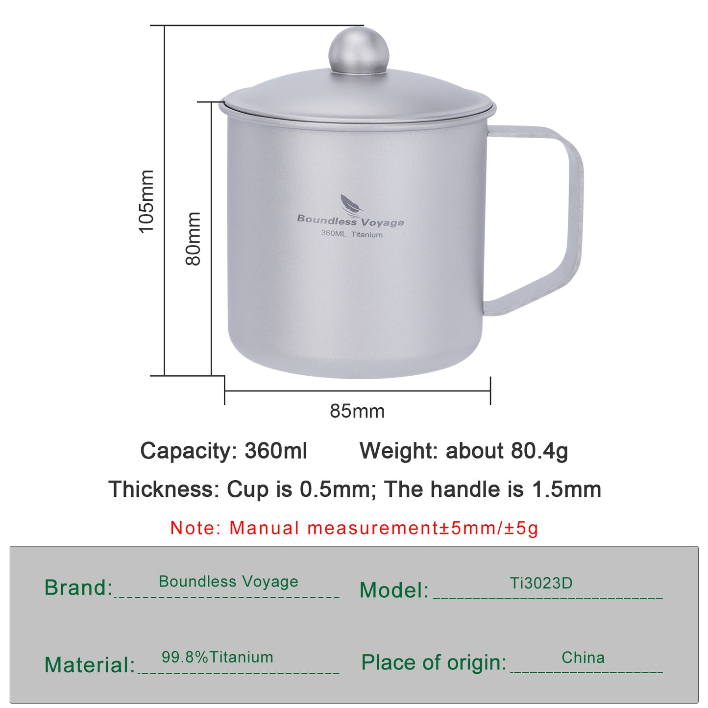 Boundless Voyage 360ml Pure Titanium Camping Mug with Lid | Ultralight Portable Drinking Cup for Hiking, Backpacking, Picnic & Outdoor Cooking Ti3023D