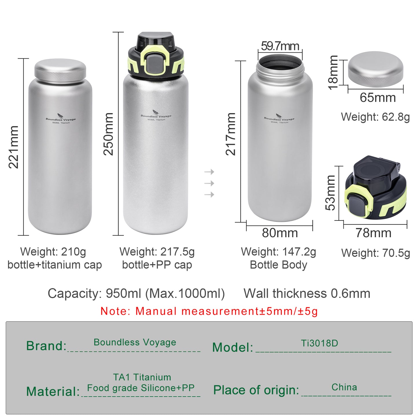 Boundless Voyage 950ml Titanium Water Bottle with Dual Lids, Wide Mouth Single-Wall Canteen for Hiking Camping Sport Ti3018D