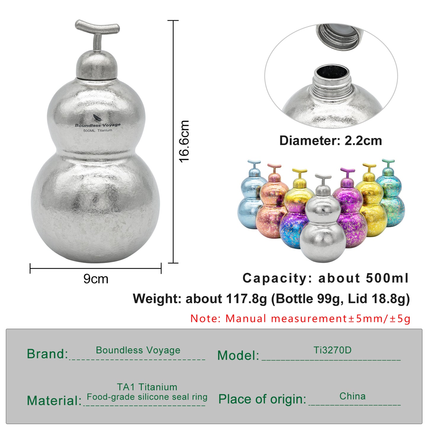 Boundless Voyage Titanium Crystallized Gourd Bottle 500ml Whiskey Alcohol Drink ware for Outdoor Camping Hiking Ti3270D