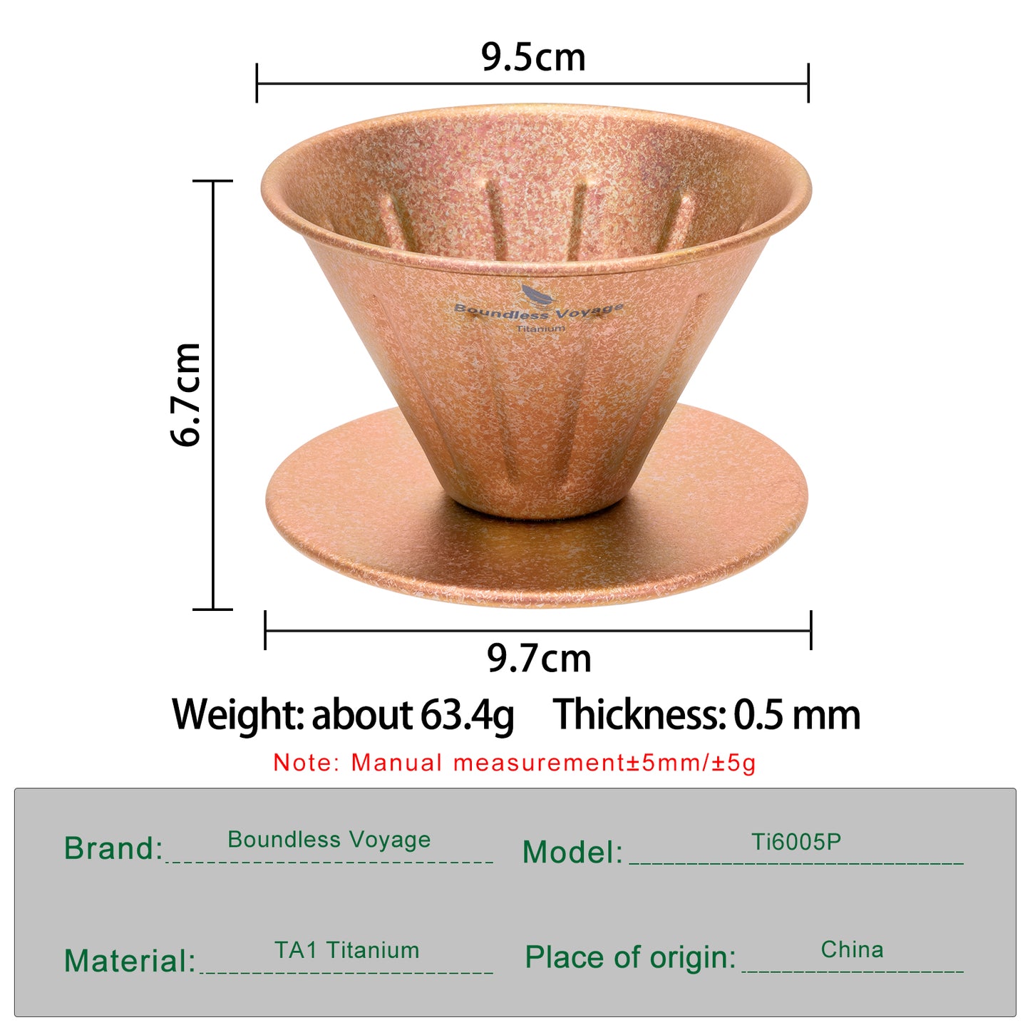 Boundless Voyage Titanium Pour Over Coffee Dripper | Reusable Cone Coffee Strainer Filter, 1-2 Cup Single Serve Coffee Brewer for Travel Camping Home Ti6005P