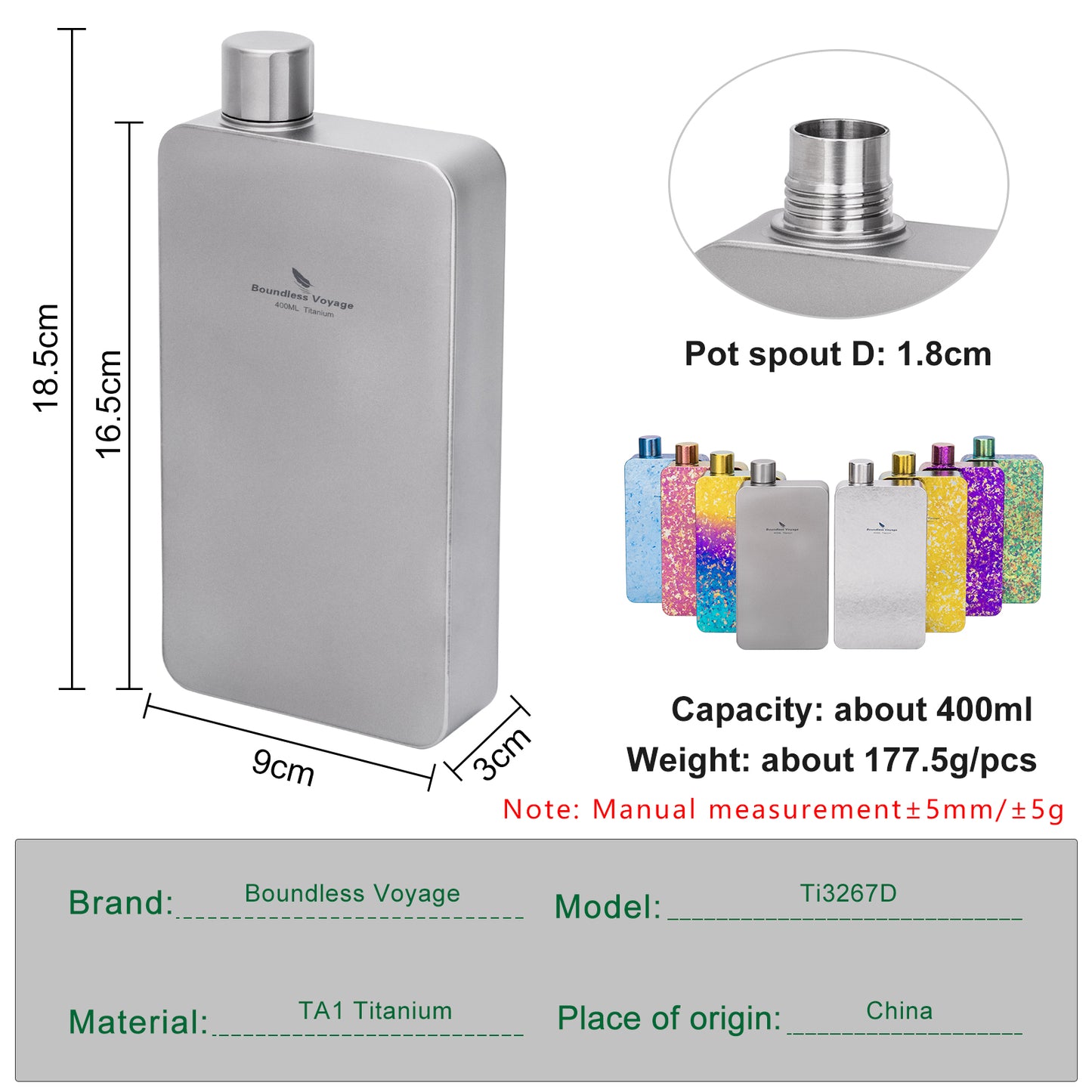 Boundless Voyage Titanium Flask 400ml, Camping & Travel Metal Liquor Bottle, Ultra-Light Square Design, Gift for Men & Outdoor Enthusiasts