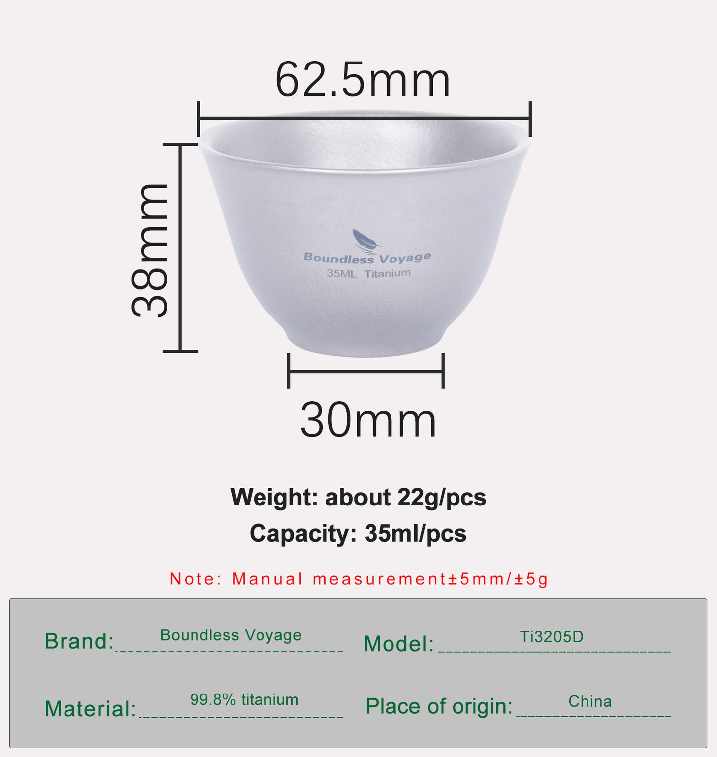 Boundless Voyage 35ml Double-Wall Titanium Sake Cup & Kung Fu Tea Cup, Portable Mini Mug for Camping, Picnic & Daily Home Use Ti3205D