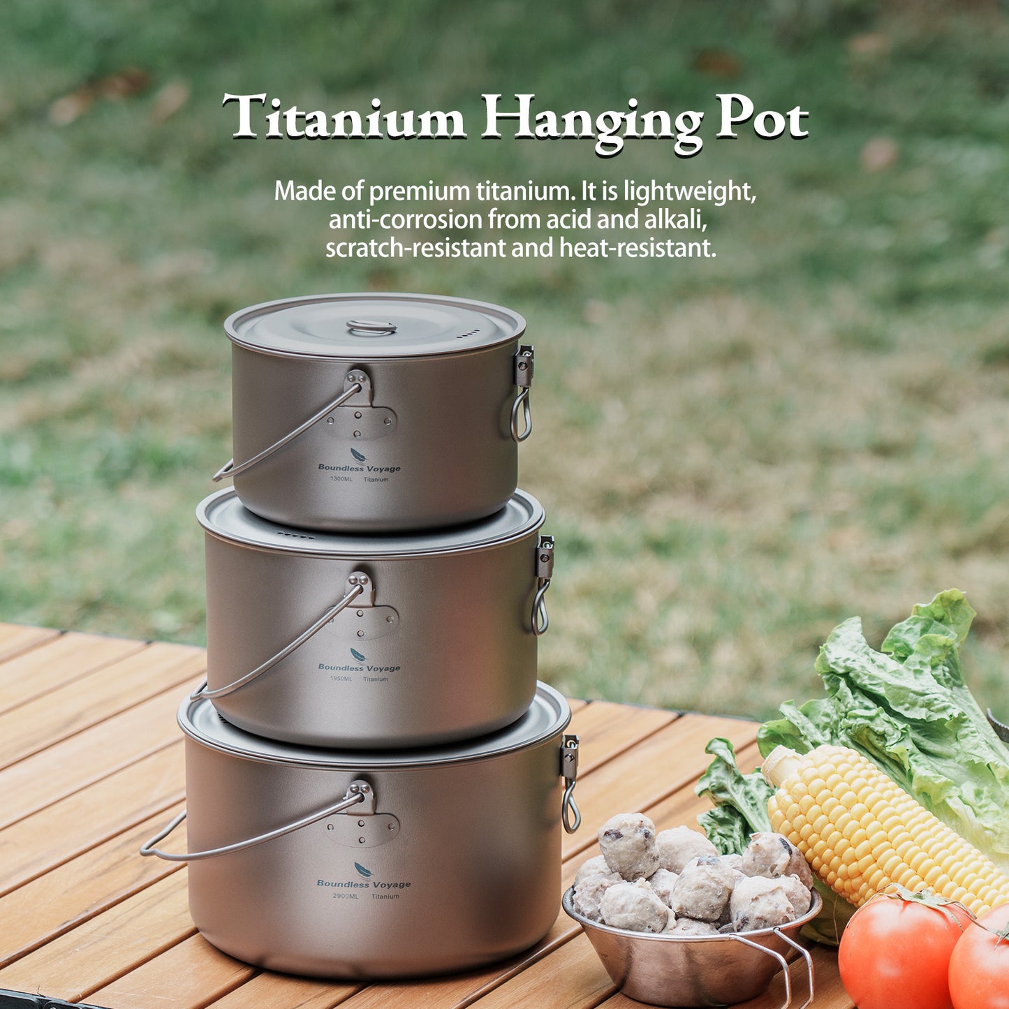 Boundless Voyage Titanium Hanging Pot for Outdoor Camping Backpacking Hiking Ultralight Portable Cooking Pot Camp Kitchen Cookware 1300ML/1950ML/2900ML Ti2043C-Ti2045C