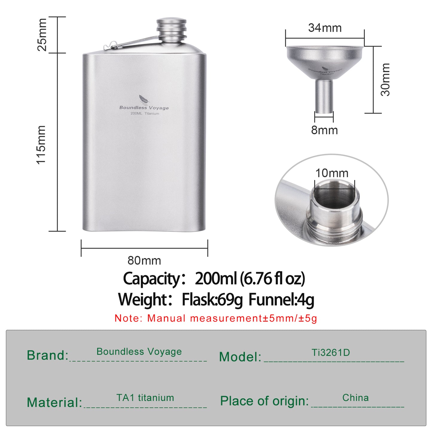 Boundless Voyage Titanium Flask 200ml/250ml Ultralight & Durable Camping Essential - Flavor-Resistant Flask Bottle for Whiskey Vodka Wine Outdoor Travel Equipment Ti3261D/Ti3074D